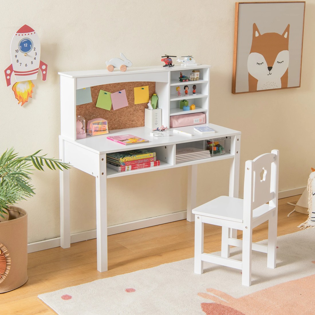 2 Costway Kids Desk & Chair Set Wood Study Table w/Bulletin Board White, 2 of 3