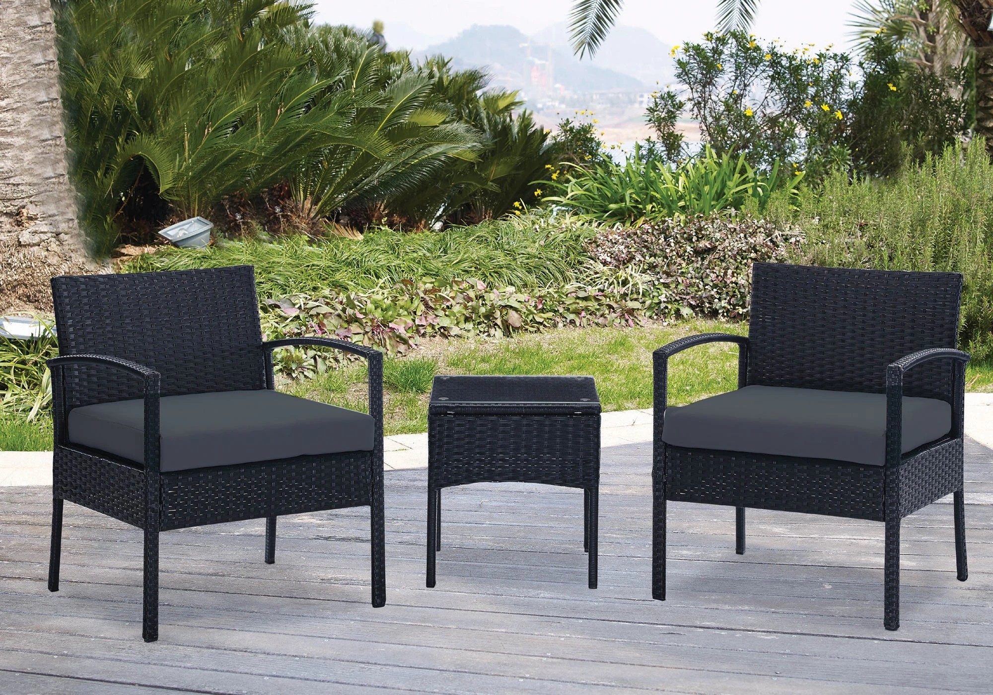 2 Elora 3pc Lounge Set Outdoor Furniture Rattan Wicker Chair Tempered Glass Coffee Table Garden Patio Balcony, 2 of 6