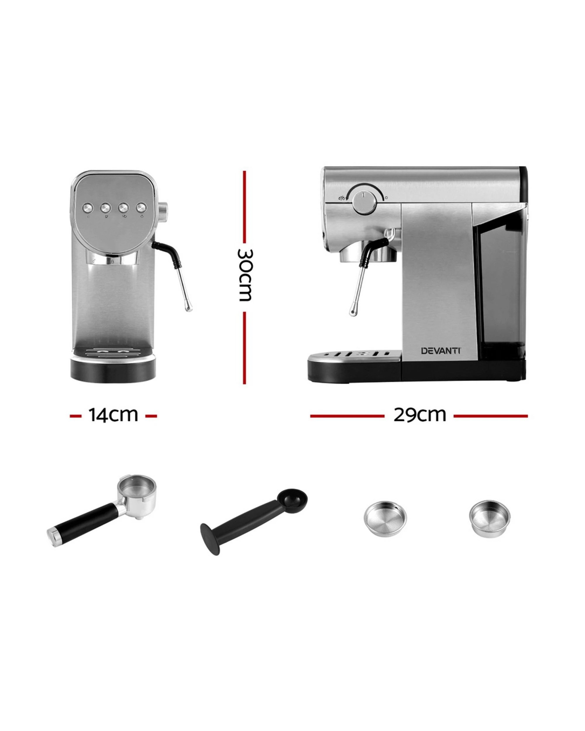 2 Devanti 20 Bar Coffee Machine Espresso Cafe Maker - Silver, 2 of 5