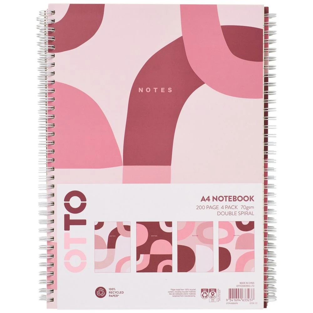 1 Otto A4 Spiral Notebook 200 Page Abstract Pink 4 Pack, 1 of 2