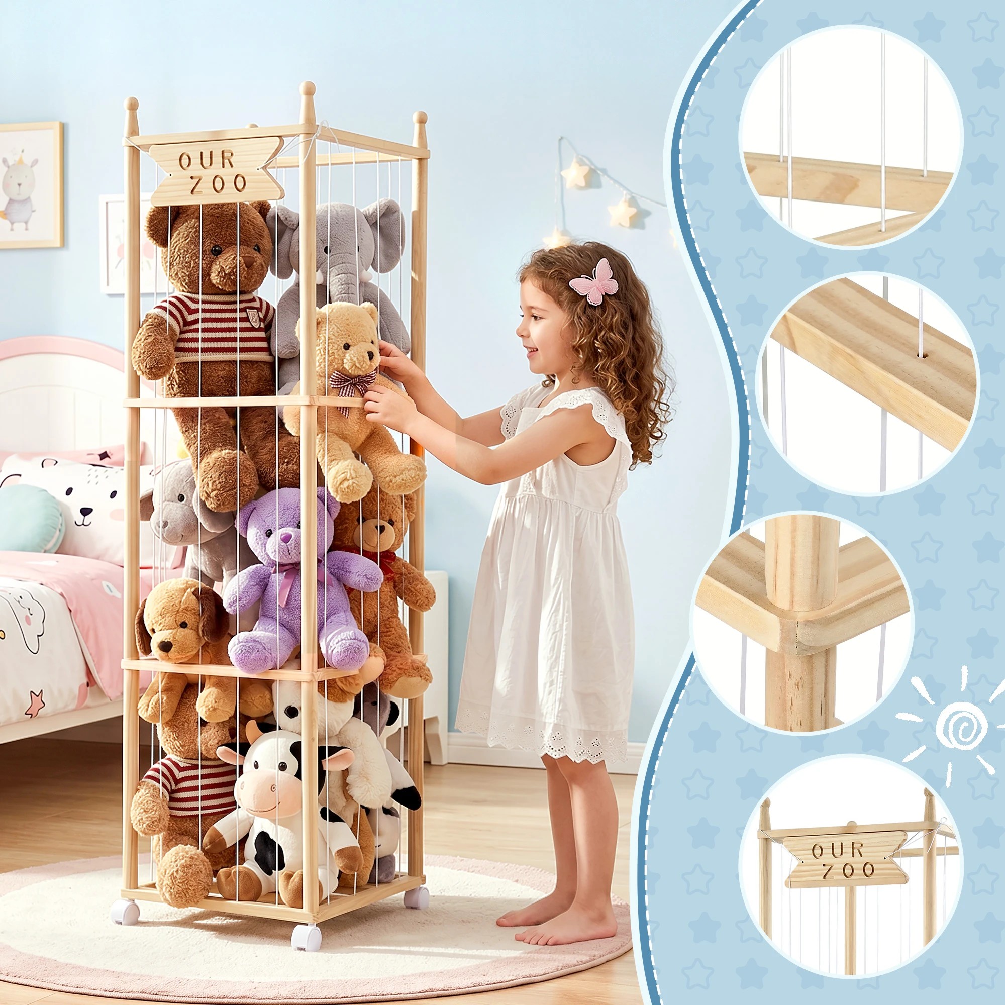 8 Keezi Stuffed Animal Toy Storage & Organizers Wooden Zoo Cage with Wheels Elastic Cords - Natural, 8 of 10