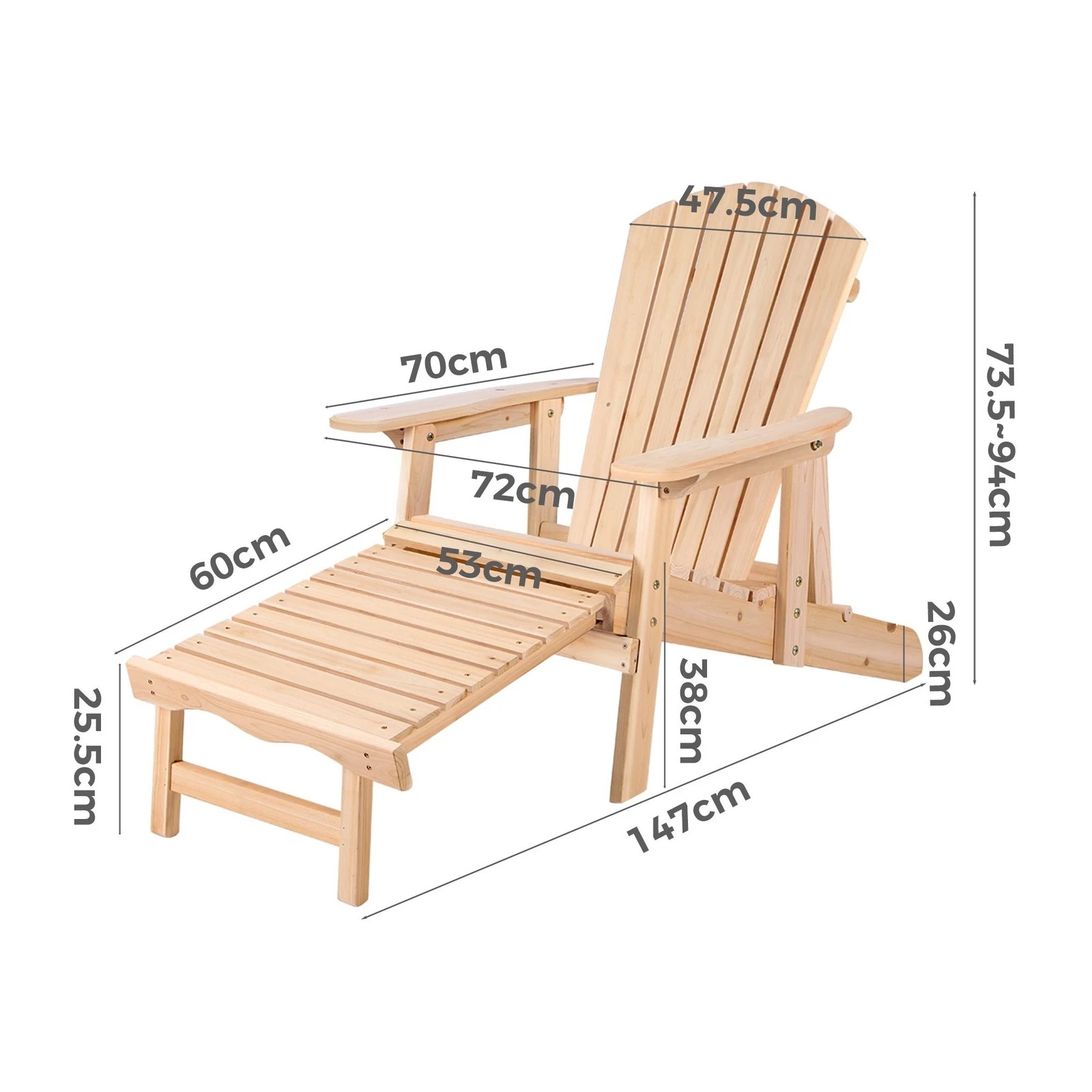 6 Alfordson Outdoor Chair Wooden Adirondack w/ Ottoman Patio Beach Garden - Natural, 6 of 9