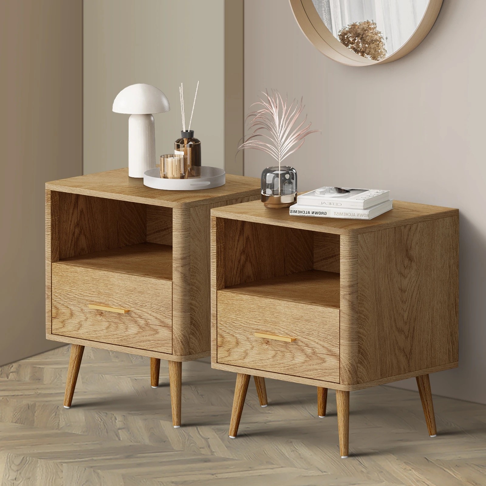 3 Oikiture 2x Bedside Table 1 Drawer Open Shelf Side End Tables Nightstand - Natural, 3 of 9
