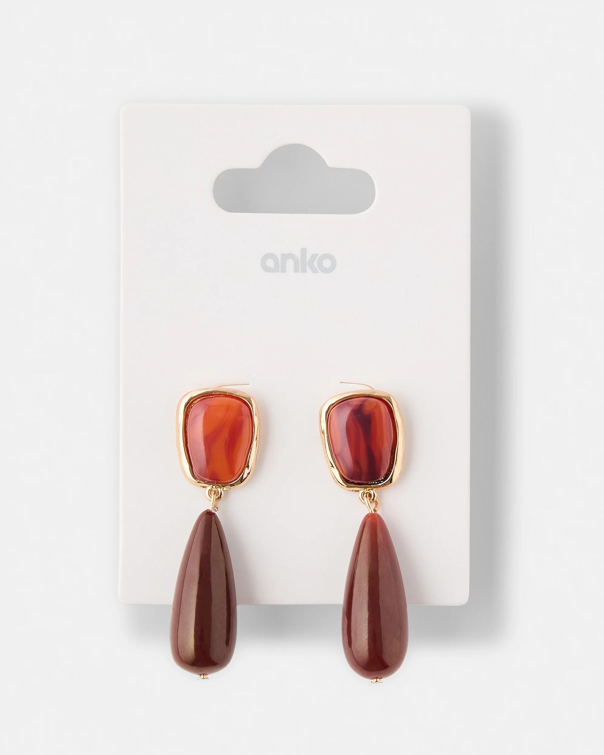 5 Stone Drop Earrings - Red and Gold Tone Red, 5 of 5