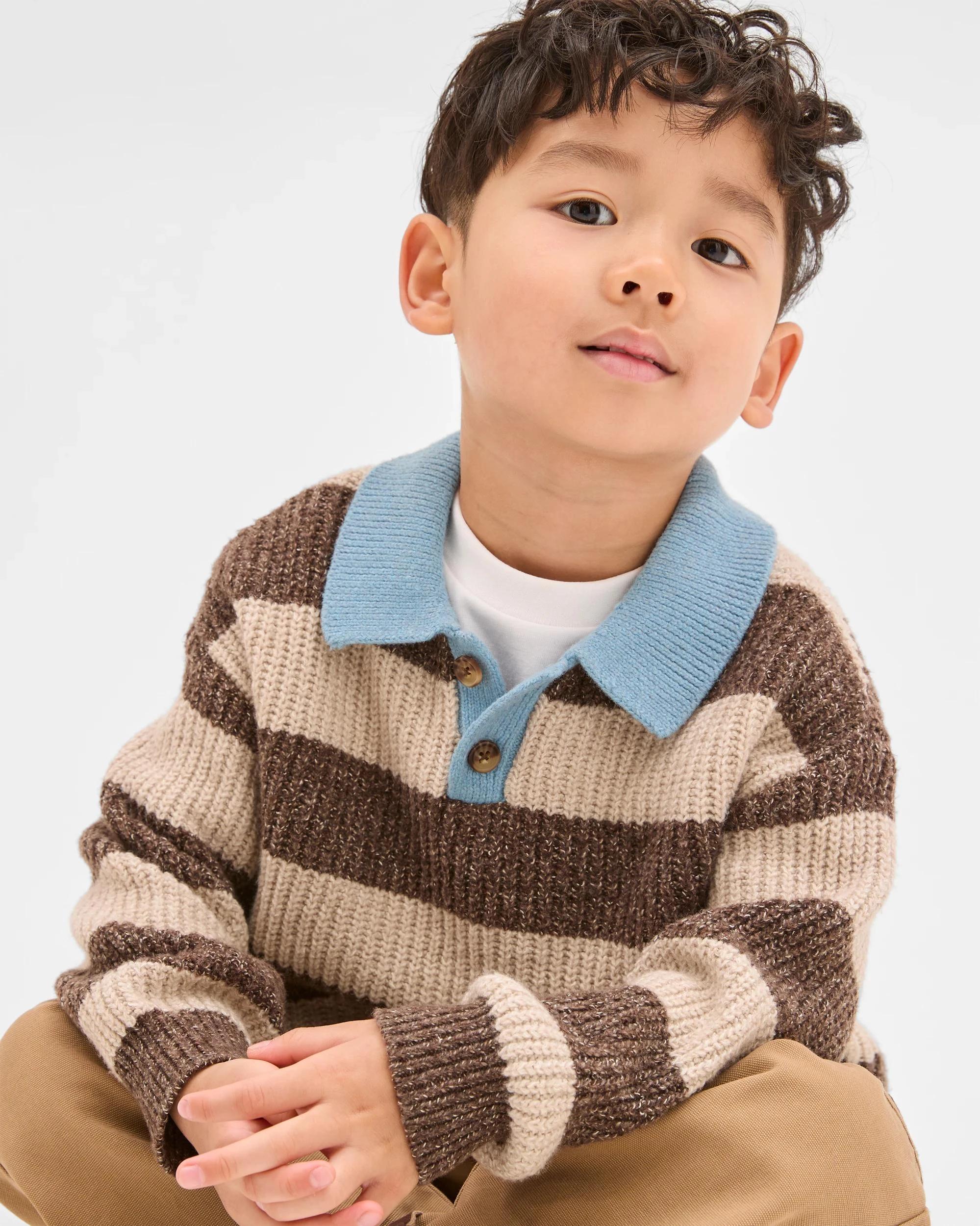 5 Target Kids Long Sleeve Striped Knit Polo Top BROWN, 5 of 6