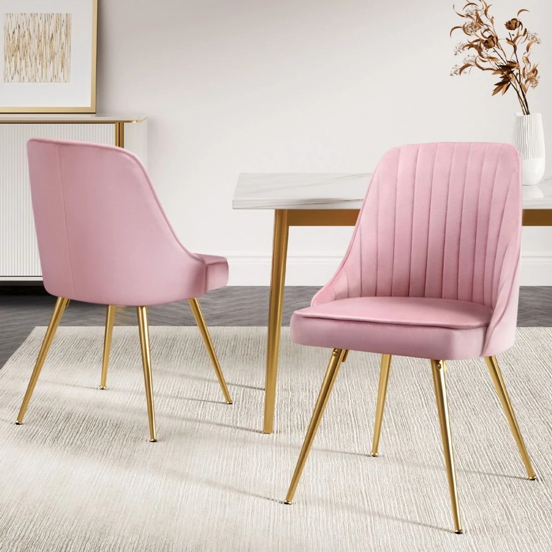 3 Artiss Dining Chairs Set of 2 Velvet Channel Tufted - Pink, 3 of 4