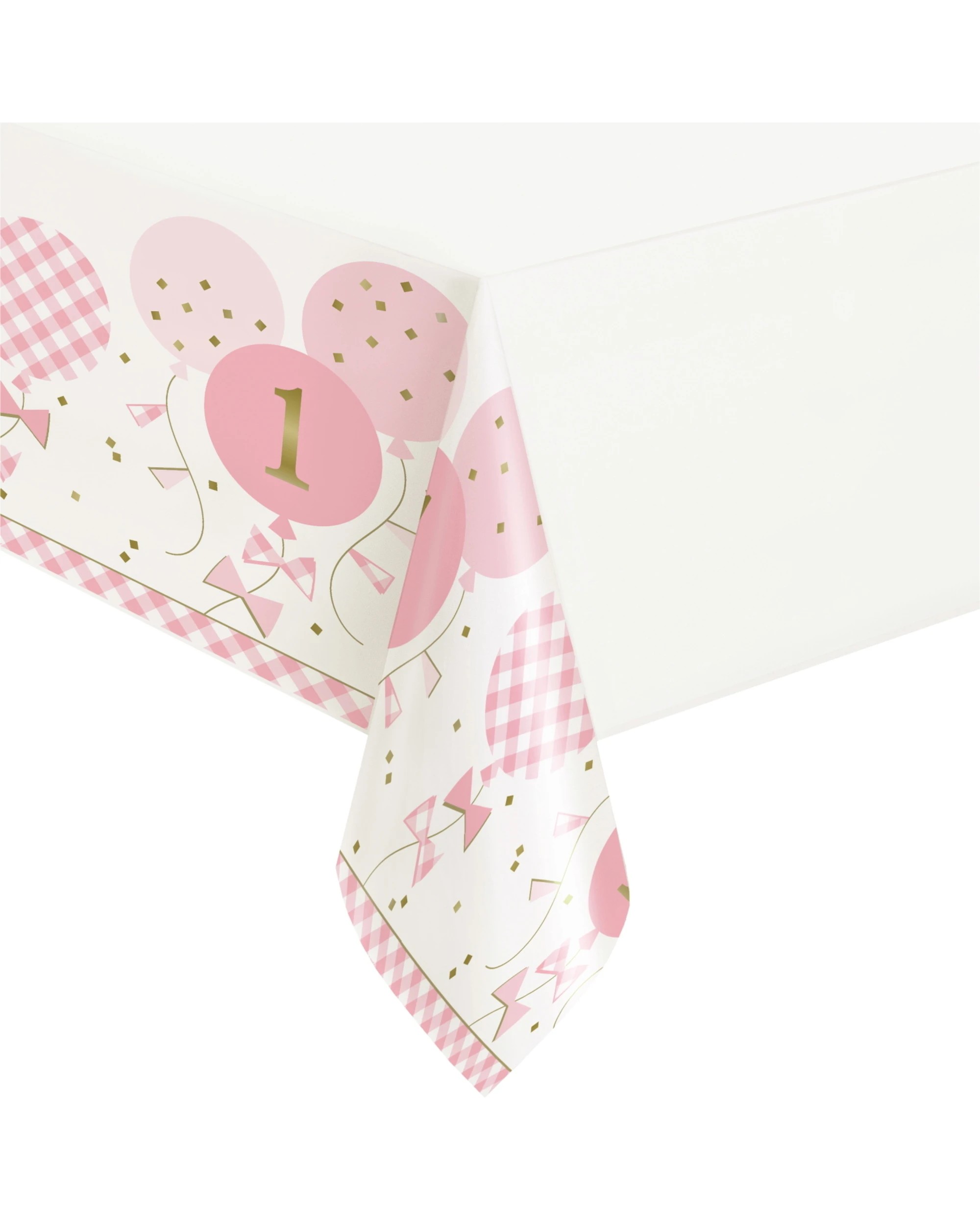1 Unique Gingham 1st Birthday Girl Plastic Tablecloth - Pink, 1 of 2