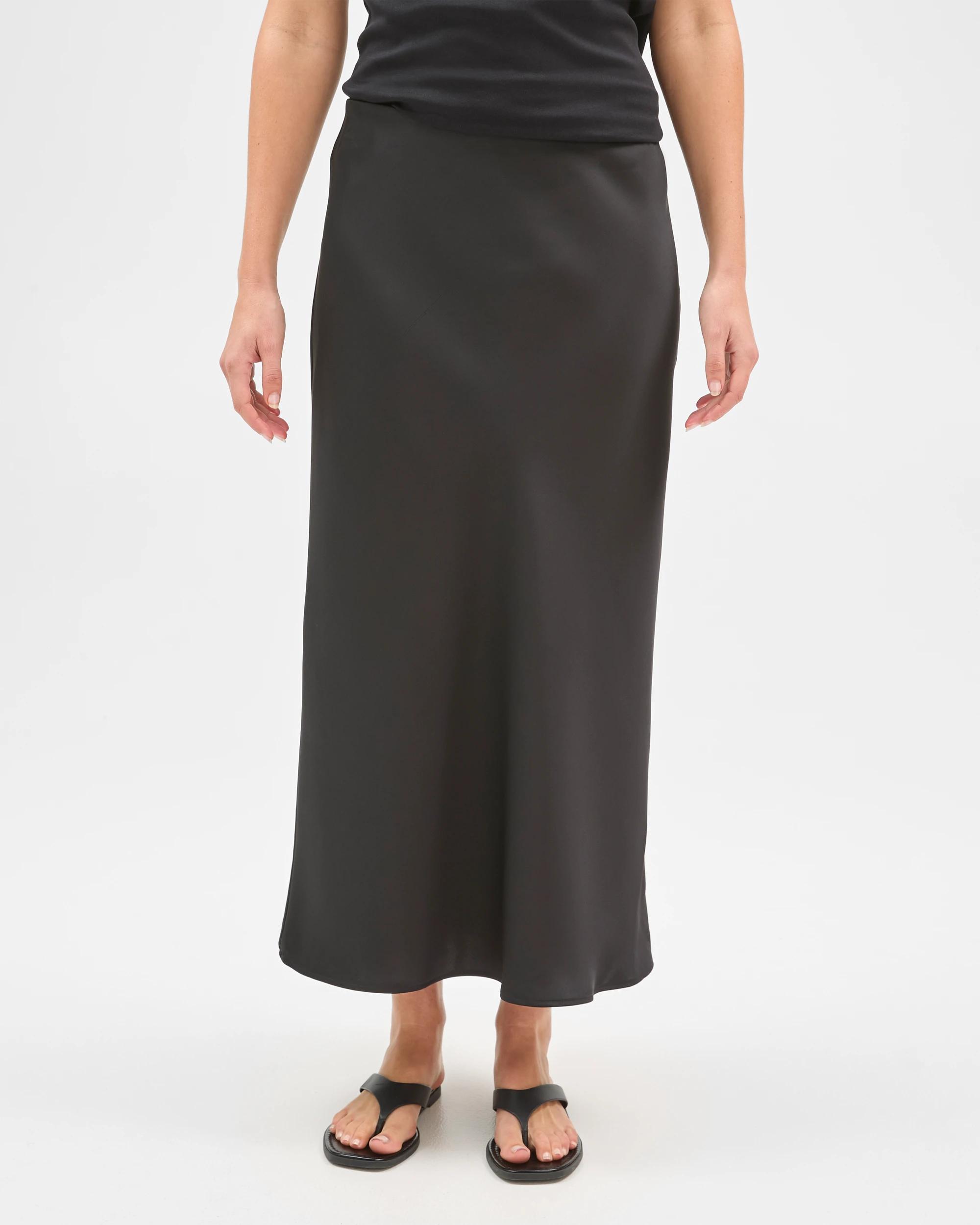 3 Preview Satin Bias Cut Midi Skirt BLACK, 3 of 7