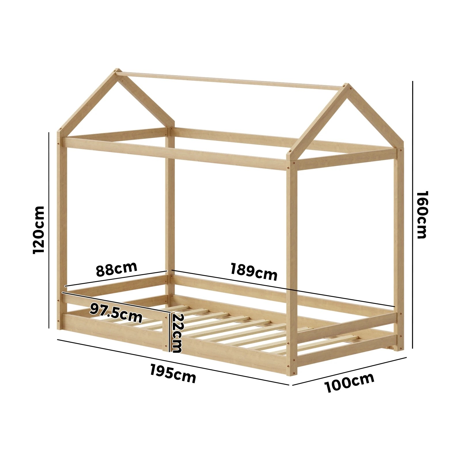 6 Oikiture Kids Wooden Bed Frame House Beds Base Timber With Fence Single
 - Natural, 6 of 10