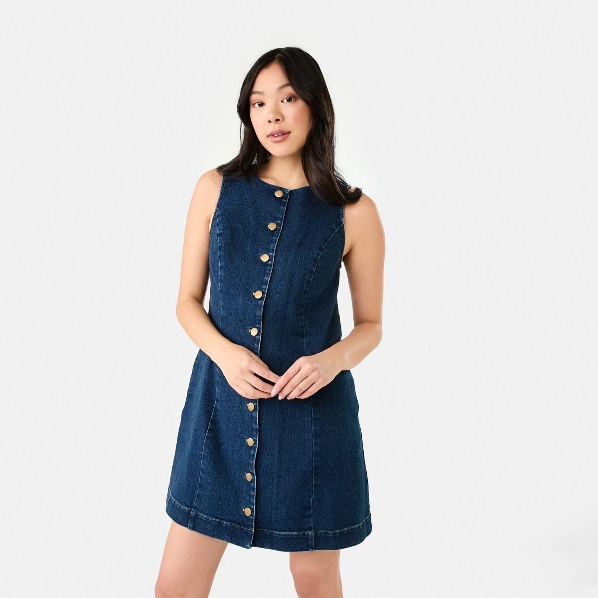 1 Sleeveless Boat Neck Denim Mini Dress DARK DENIM WASH, 1 of 8