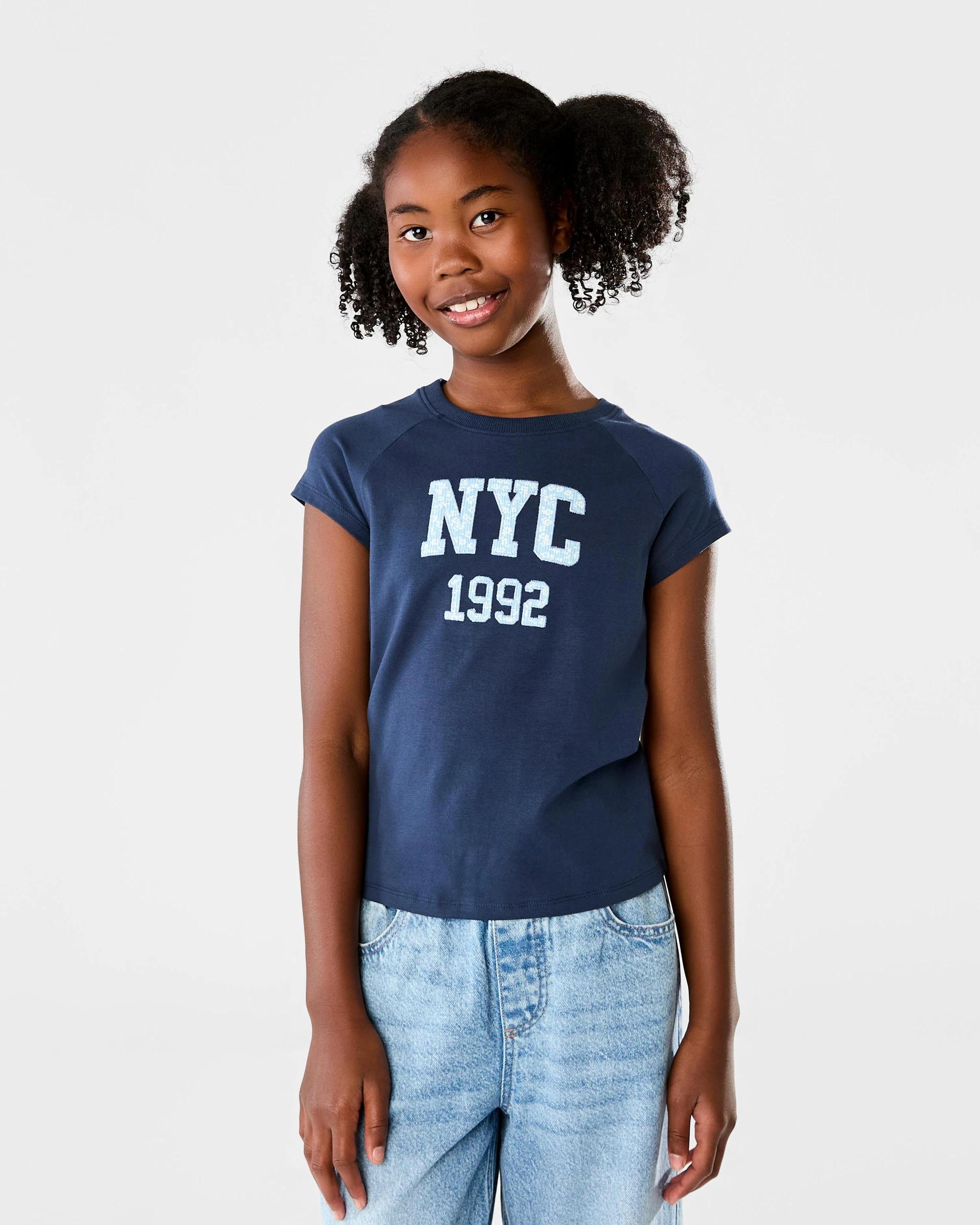 1 Short Raglan Sleeve Patchwork T-shirt Blue Text, 1 of 8