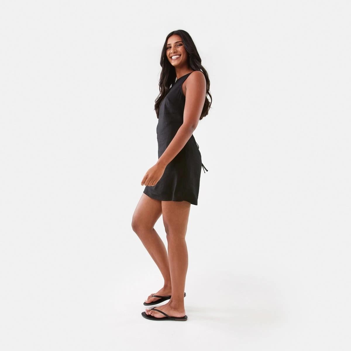 5 Sleeveless Boat Neck Linen Blend Mini Dress Black, 5 of 10