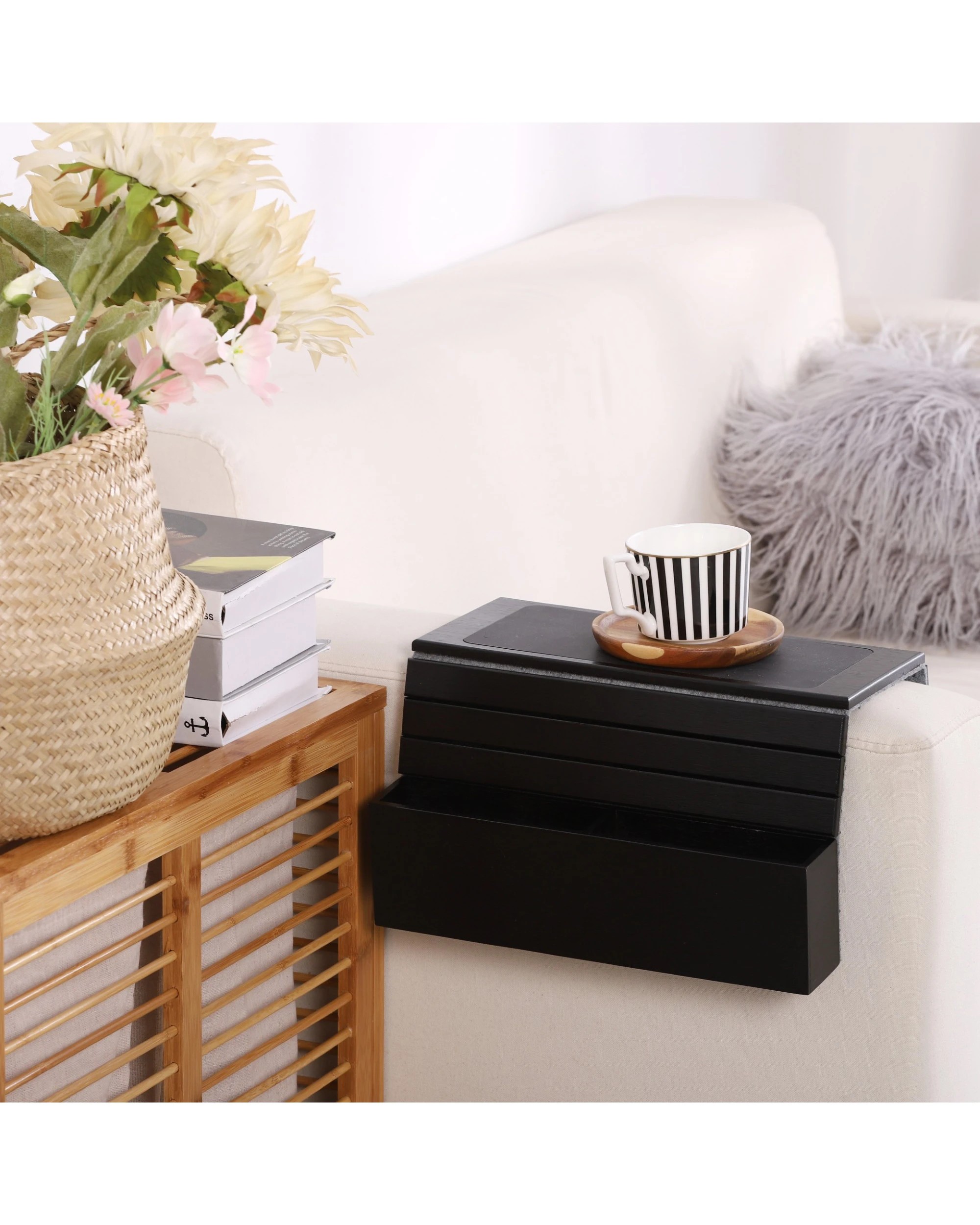 2 Sherwood Home Flexible Bamboo Sofa Armrest Tray with Remote Pocket Caddy Organiser 46x32x6cm - Black, 2 of 6