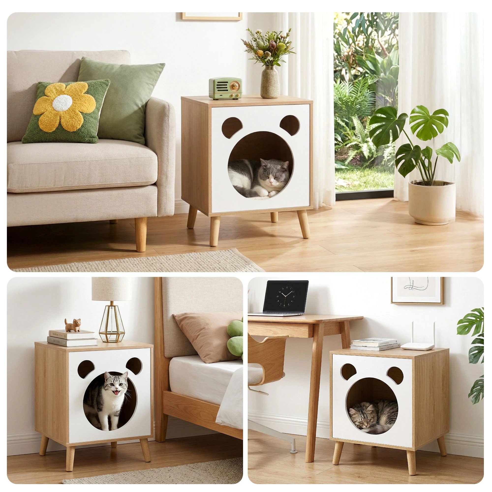 6 Artiss Cat Nest Bedside Table Solid Wood - Natural, 6 of 7