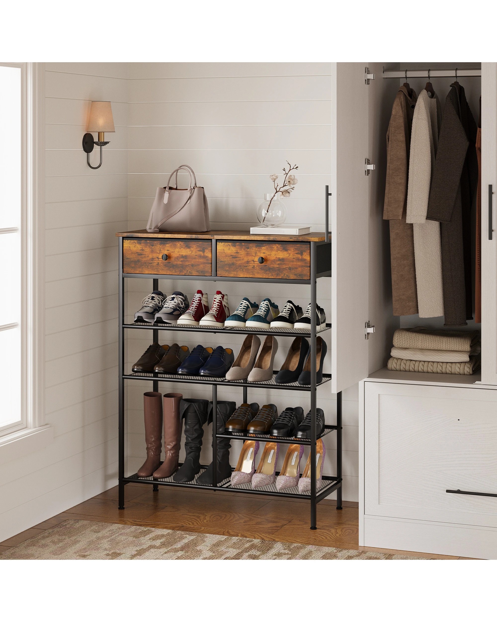 6 Advwin Shoe Rack Shoe Storage Organizer w/ 2 Drawers and Open Mesh Shelves Freestanding Shoe Shelves, 6 of 10