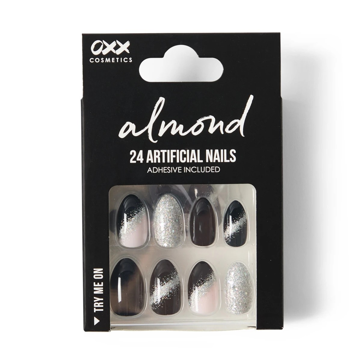 1 OXX Cosmetics 24 Pack Artificial Nails with Adhesive - Almond Shape, Black and Silver Glitter, 1 of 4