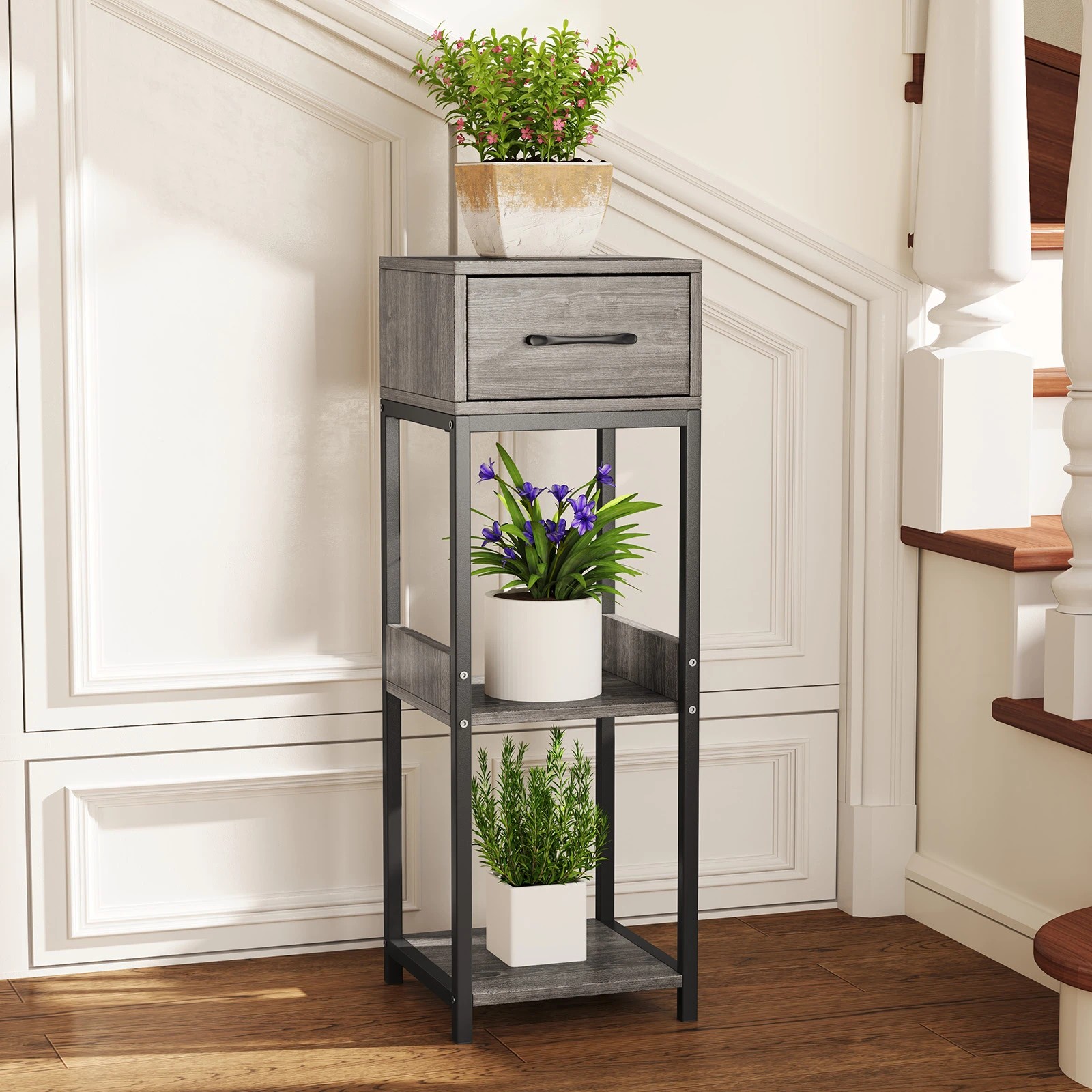 2 Costway 3-Tier Metal Plant Stand Flower Pot Holder Bookshelf w/Drawer Indoor Outdoor, 2 of 4