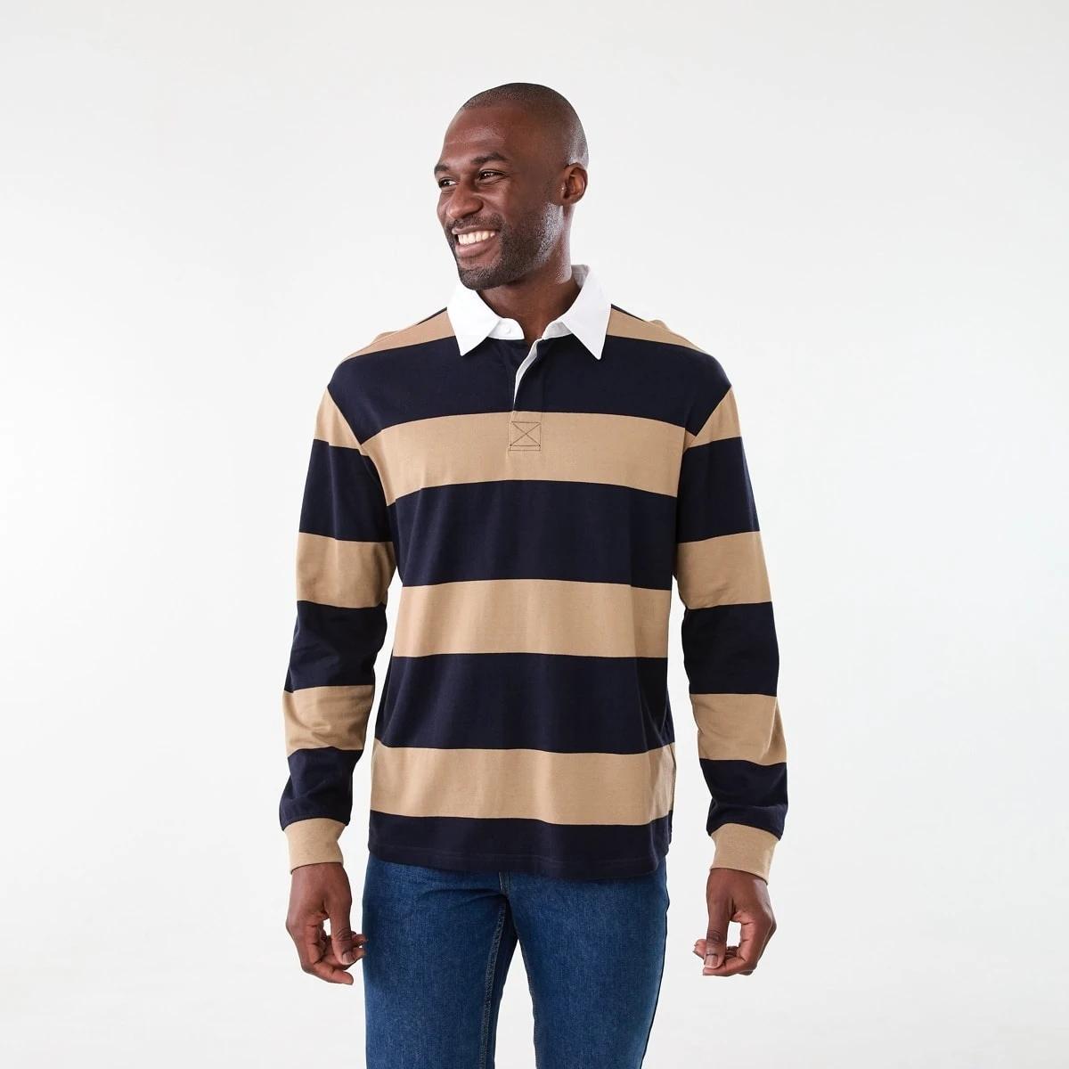 1 Long Sleeve Striped Rugby Shirt Brn Strp, 1 of 5