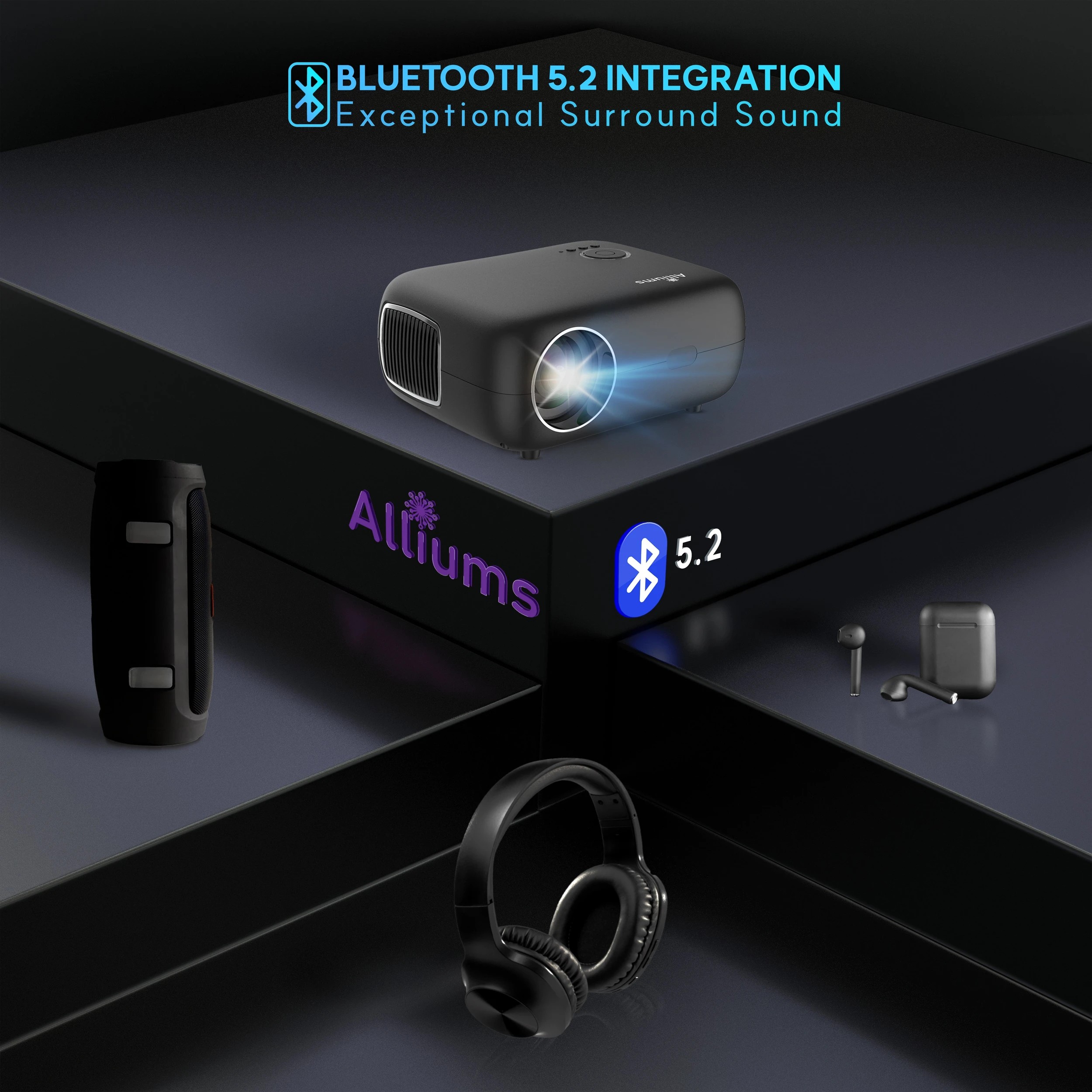 3 Alliums Projector AUTO Focus AUTO Keystone Portable Native 1080p Full HD, 300 Inch Display - Black, 3 of 4