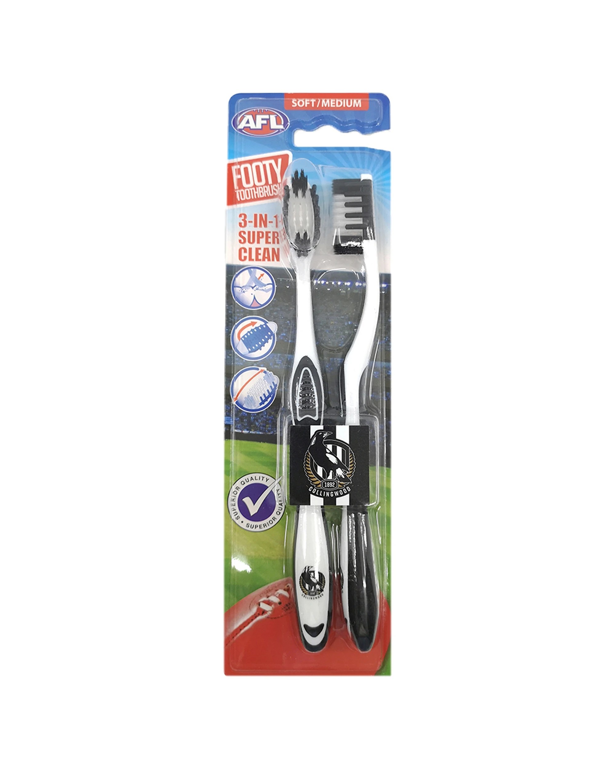 2 AFL 3x 2pc Soft/Medium Toothbrush Oral Care Collingwood Magpies Kids/Adults - Multi, 2 of 2
