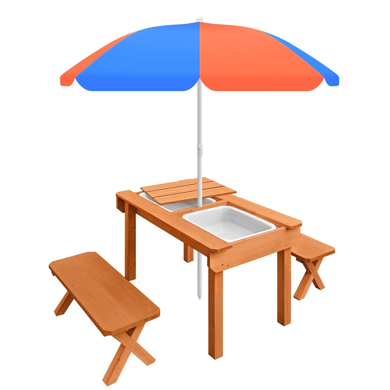 6 Kidbot Kids Sand and Water Table Picnic Chairs Outdoor Wooden Bench Adjustable Umbrella Children Play Station Storage, 6 of 6