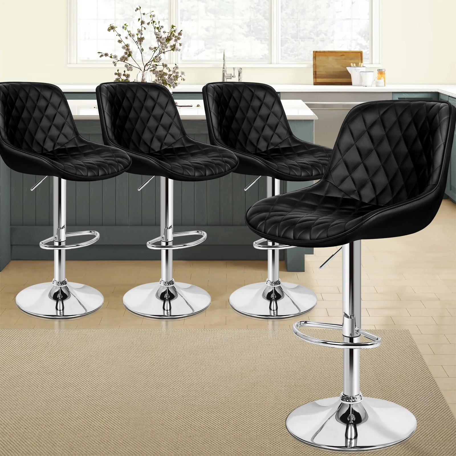 9 Alfordson 4x Bar Stools Gas Lift Leather Bar Chairs Kitchen Swivel - Black, 9 of 10