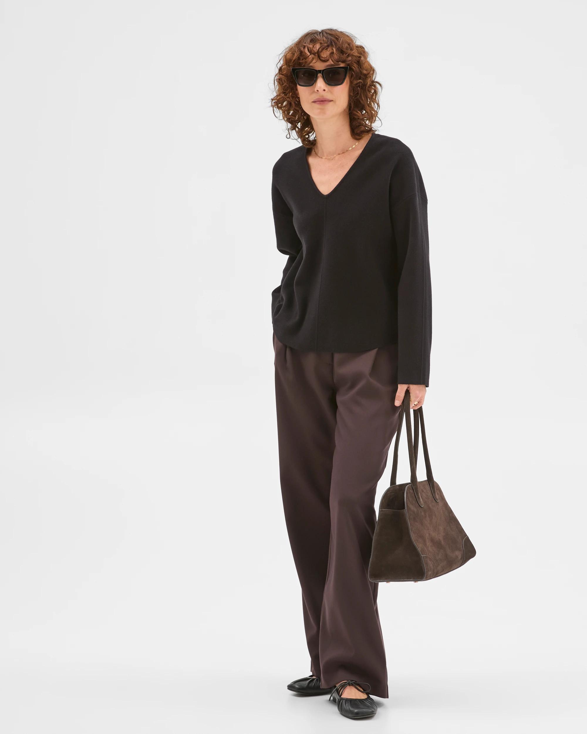 1 Preview Australian Cotton Blend Polished V-Neck Jumper BLACK, 1 of 5