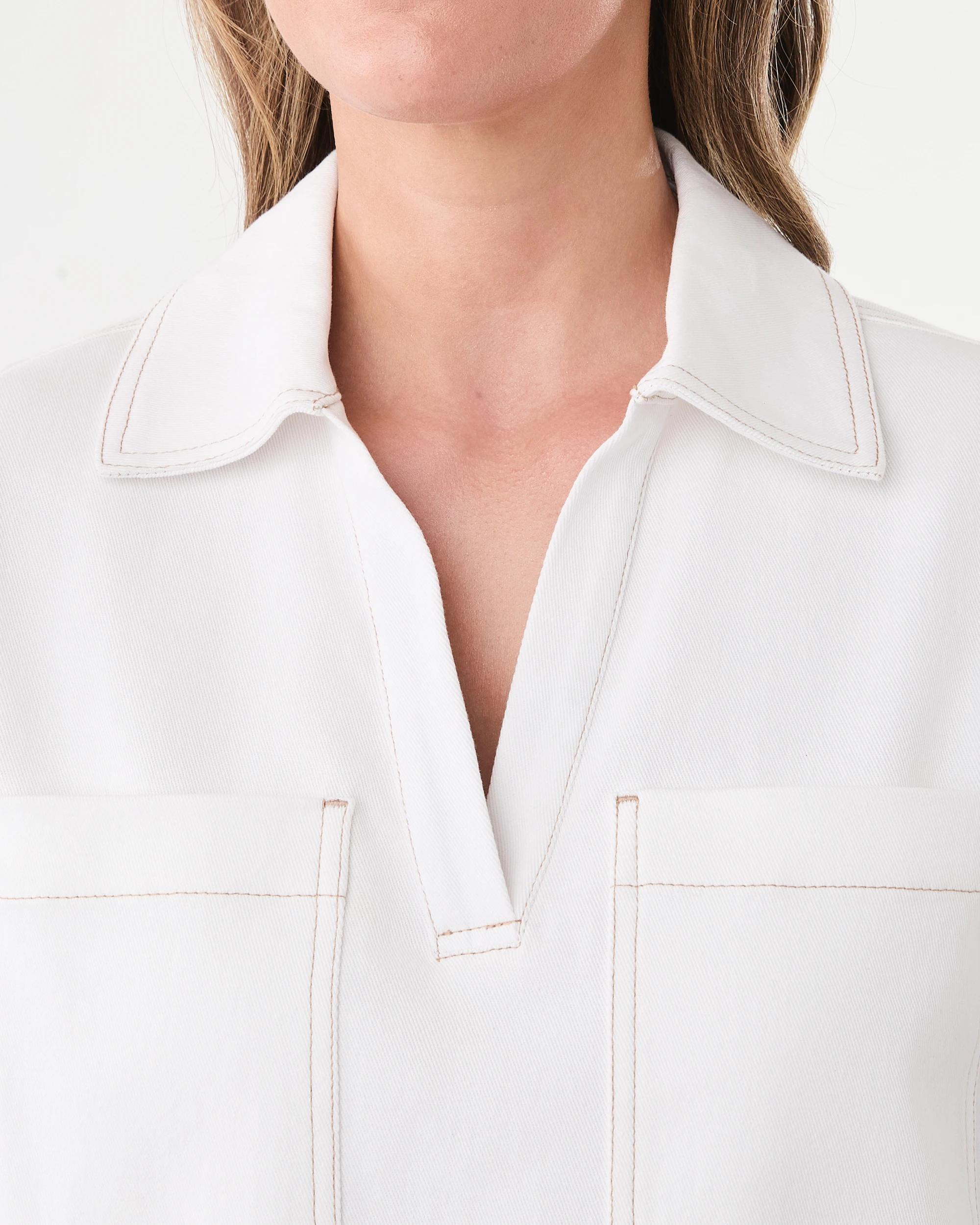 5 Short Sleeve Boxy V-Neck Denim Dress Ecru, 5 of 8