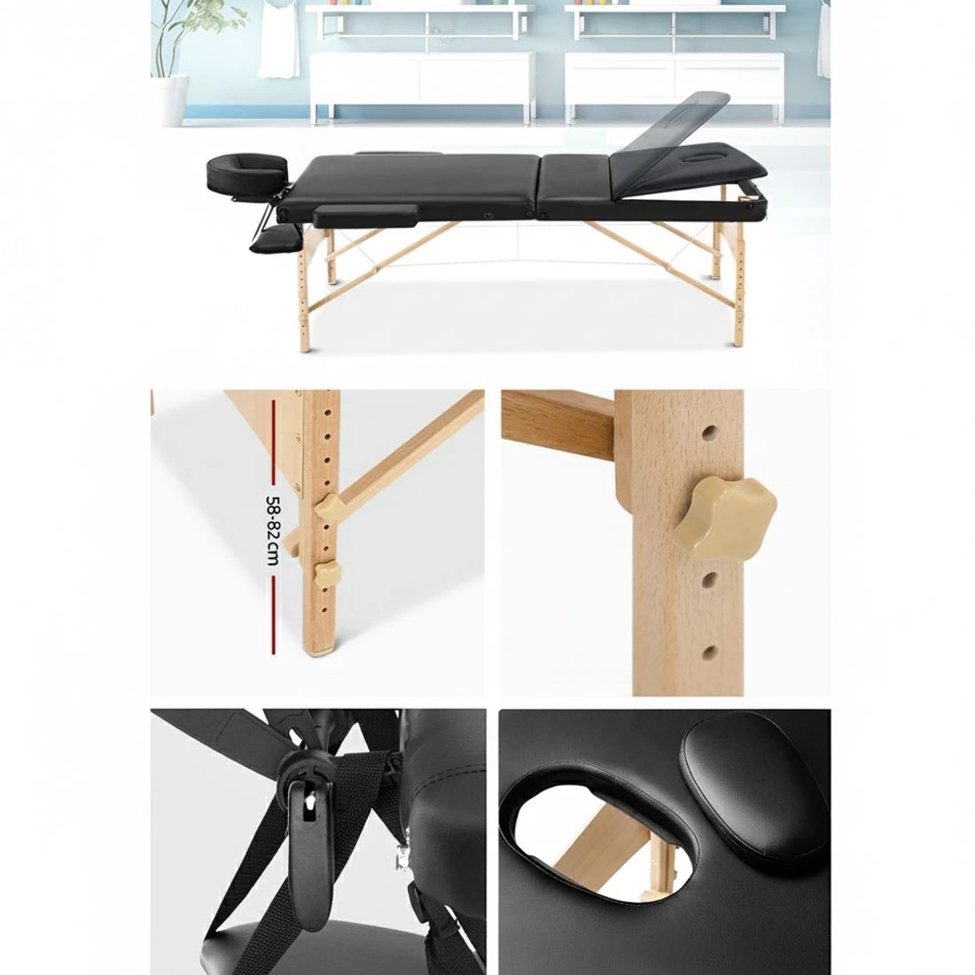 5 Zenses Massage Table 75cm Portable 3 Fold Wooden Beauty Bed - Black, 5 of 7