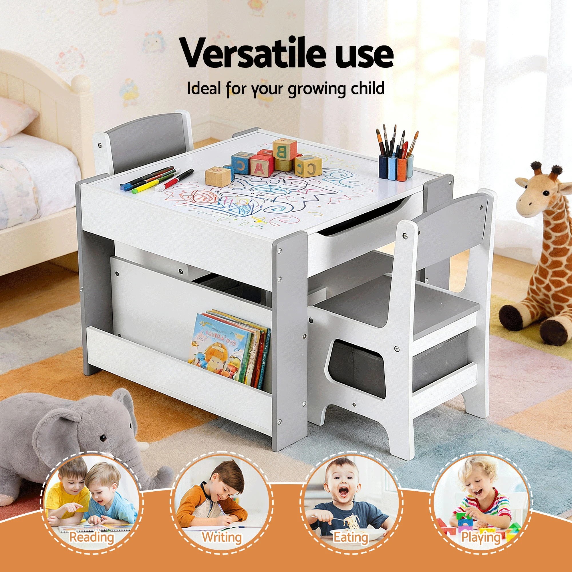 3 Keezi Kids Table and Chair Set 4 in 1 Wooden Activity Table with Bookcase Stor - Grey, 3 of 5