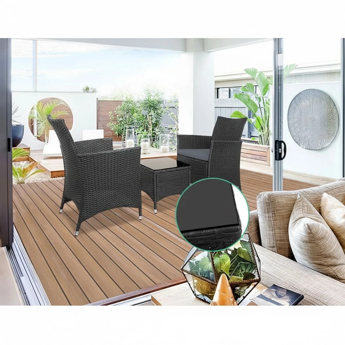 5 Gardeon 3PC Outdoor Bistro Set Patio Furniture Wicker Chairs Table Cushion - Black, 5 of 7