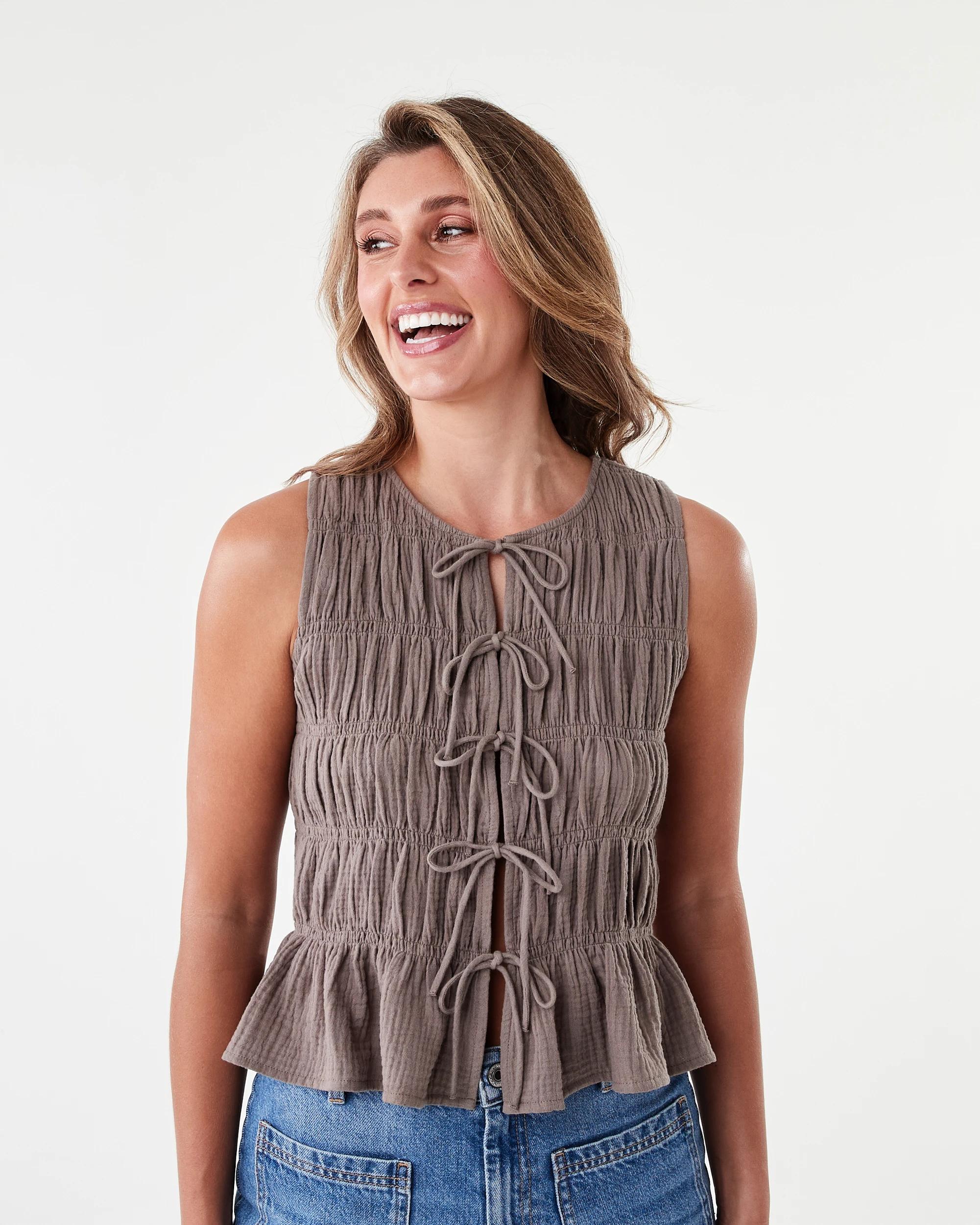 1 Sleeveless Multi Tie Front Top Taupe Brn, 1 of 7