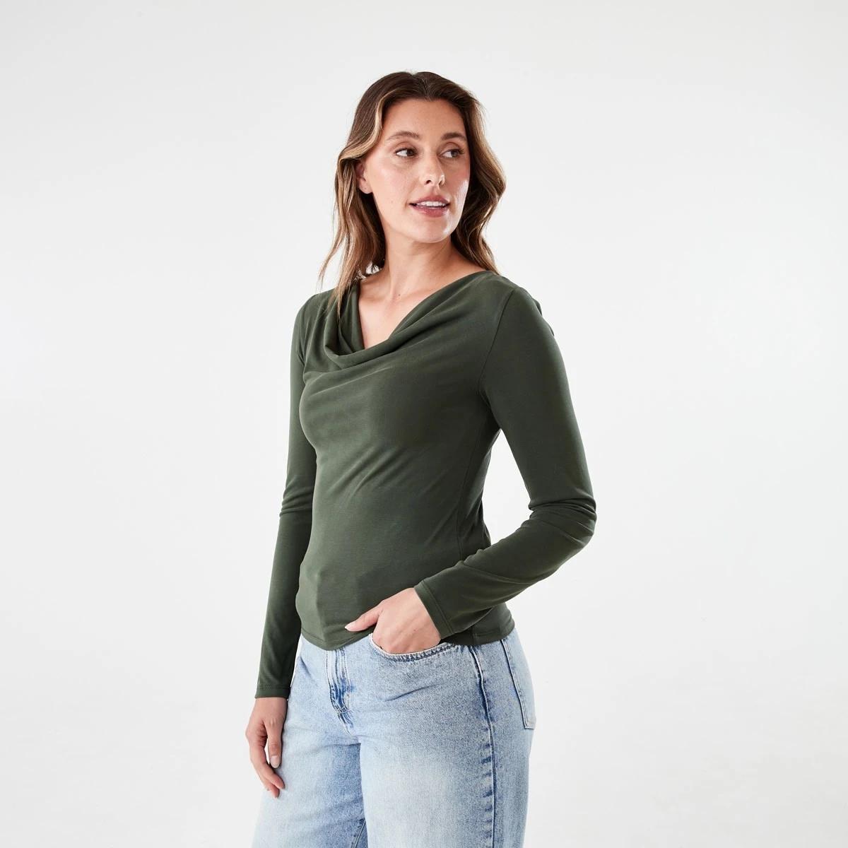 3 Long Sleeve Drape Cowl Neck Top OLIVE LEAF, 3 of 6