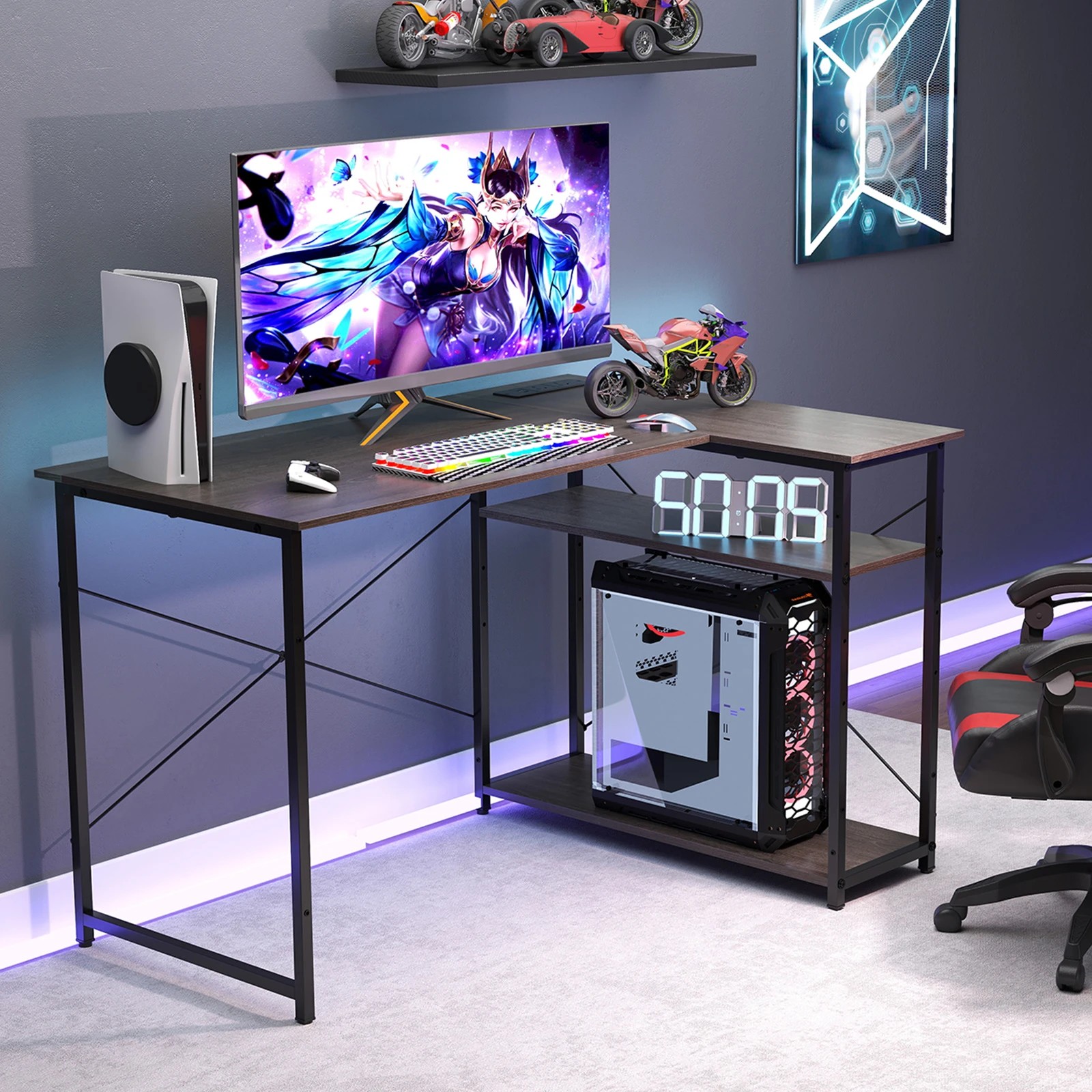 3 Costway L-Shaped Computer Desk w/Adjustable Storage Shelves & Power Outlet, 3 of 4