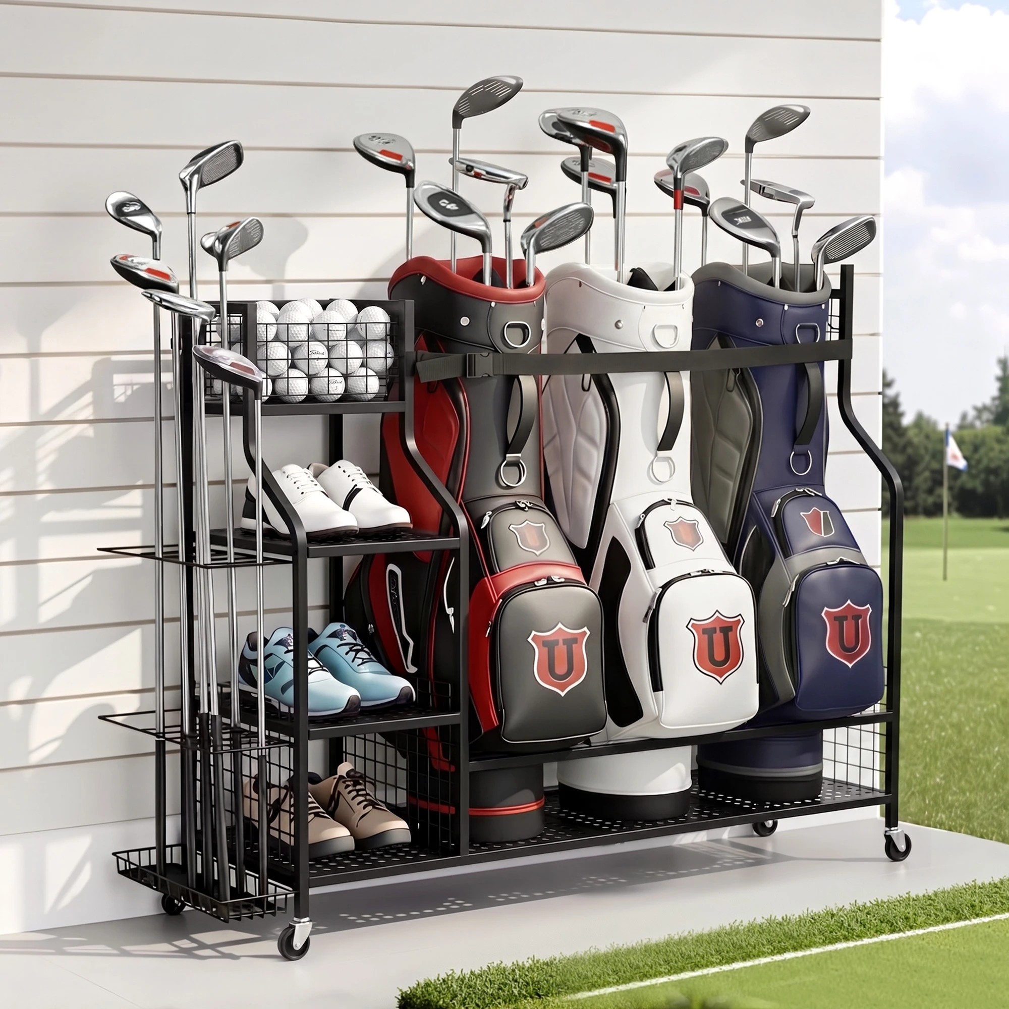 2 Everfit Golf 3 Bag Storage Golf Storage Garage Organizer with Wheels - Black, 2 of 7