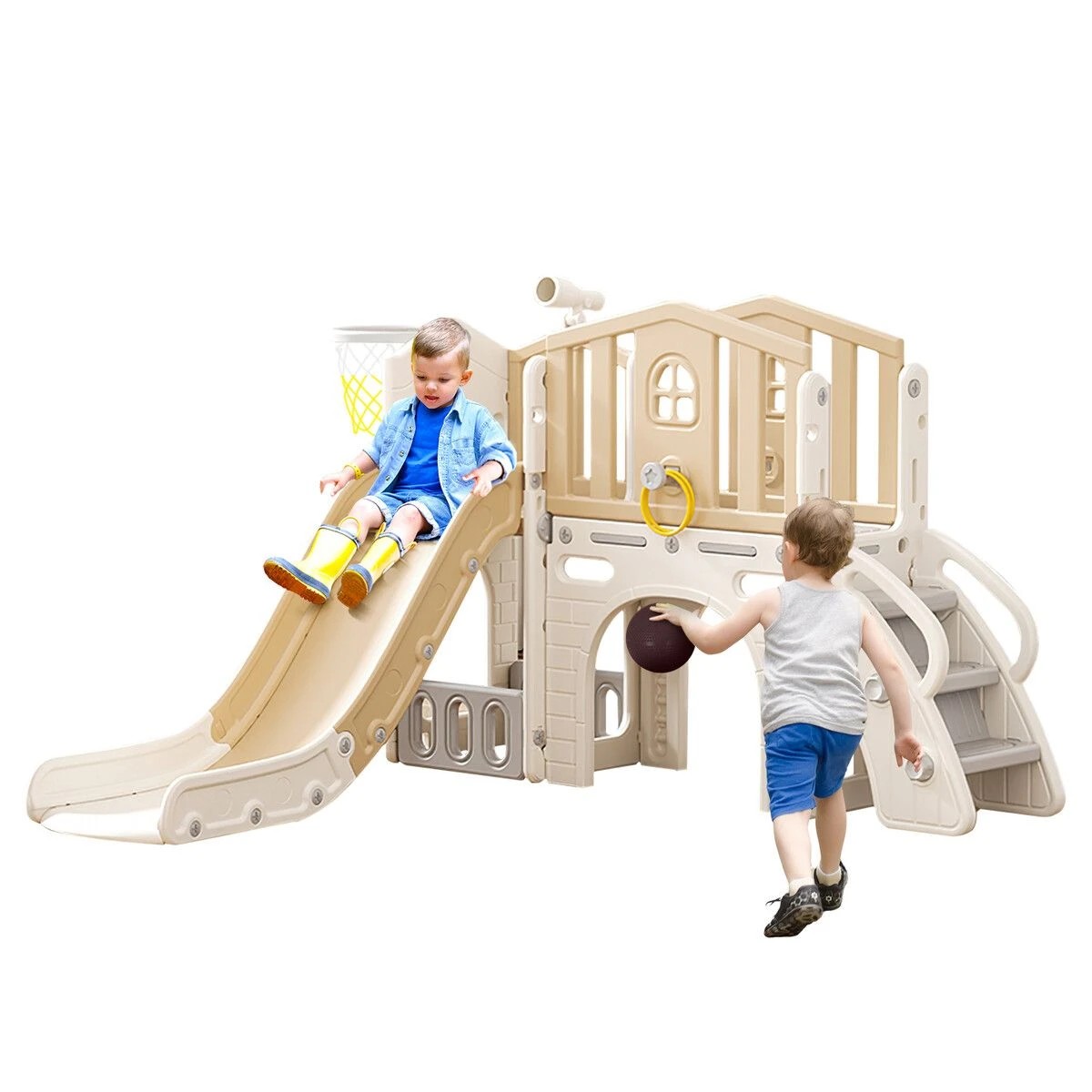 4 Kidbot 7 in 1 Kids Slide Set Ladder Steps Basketball Hoop Playground, 4 of 4