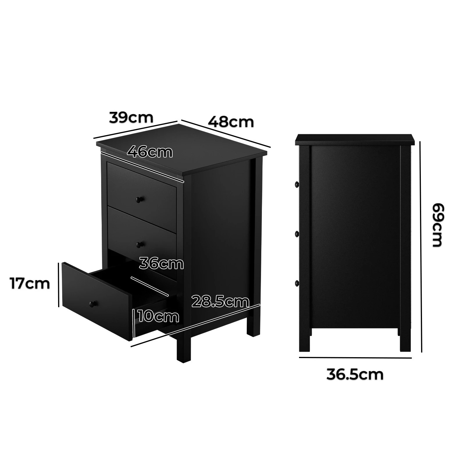 2 Oikiture Bedside Tables Set of 2 Nightstands Storage Cabinet 3 Drawers - Black, 2 of 9