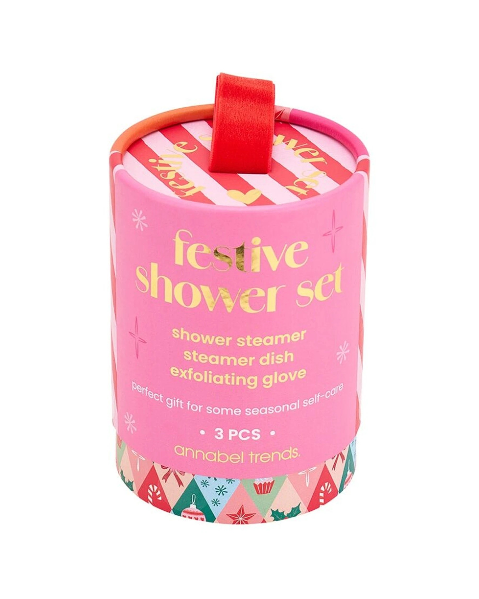 1 Annabel Trends 3pc Shower Bath Gift Set With Steamer Gloves Dish Festive - Pink, 1 of 7