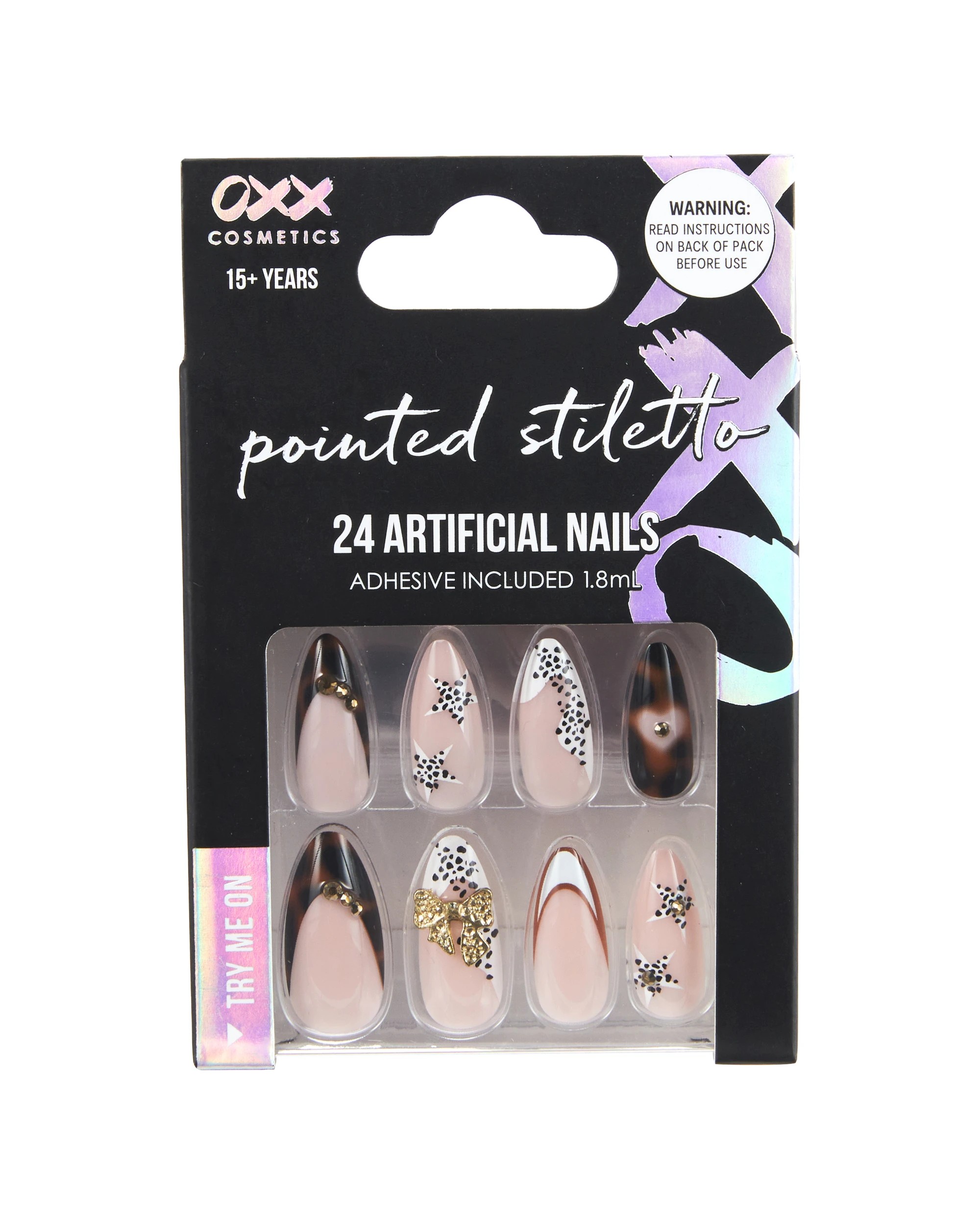 1 OXX Cosmetics 24 Pack Artificial Nails with Adhesive - Pointed Stiletto Shape, Leopard Gold Gems, 1 of 4