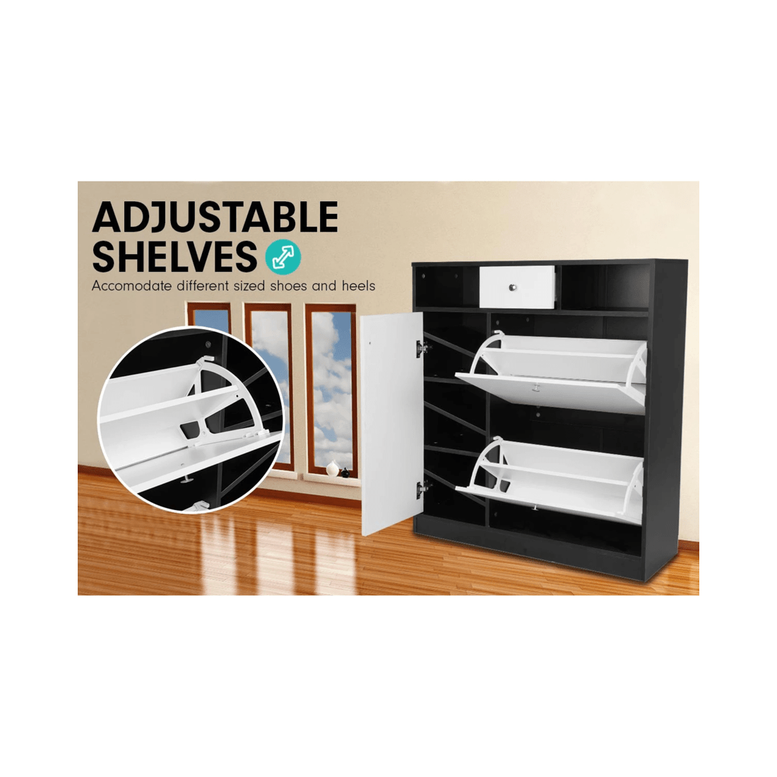 2 Sarantino Shoe Rack Cabinet Wooden Storage Organiser Shelf Cupboard Drawer, 2 of 7