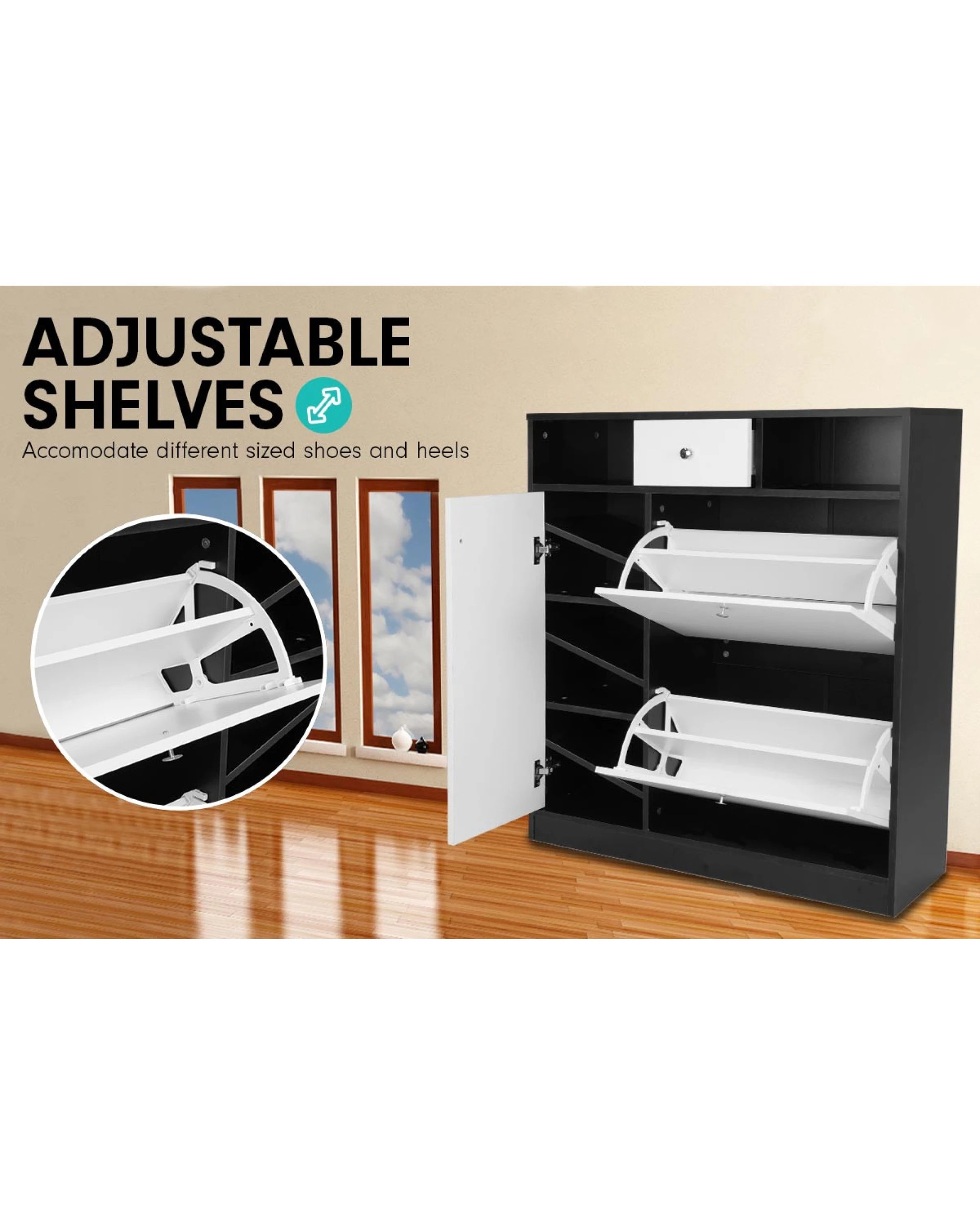 2 Sarantino Shoe Rack Cabinet Wooden Storage Organiser Shelf Cupboard Drawer, 2 of 7