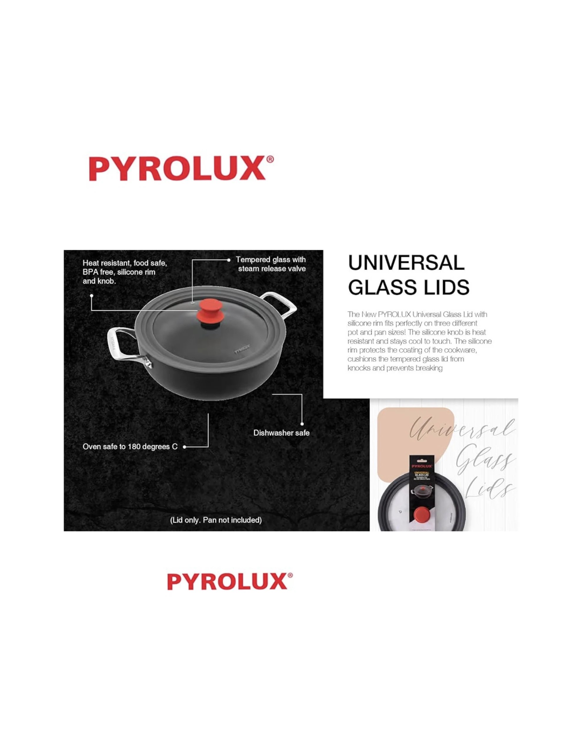 4 Pyrolux Universal Pot &amp; Pan Glass Lid, 16/18/20cm - Red/Grey, 4 of 5