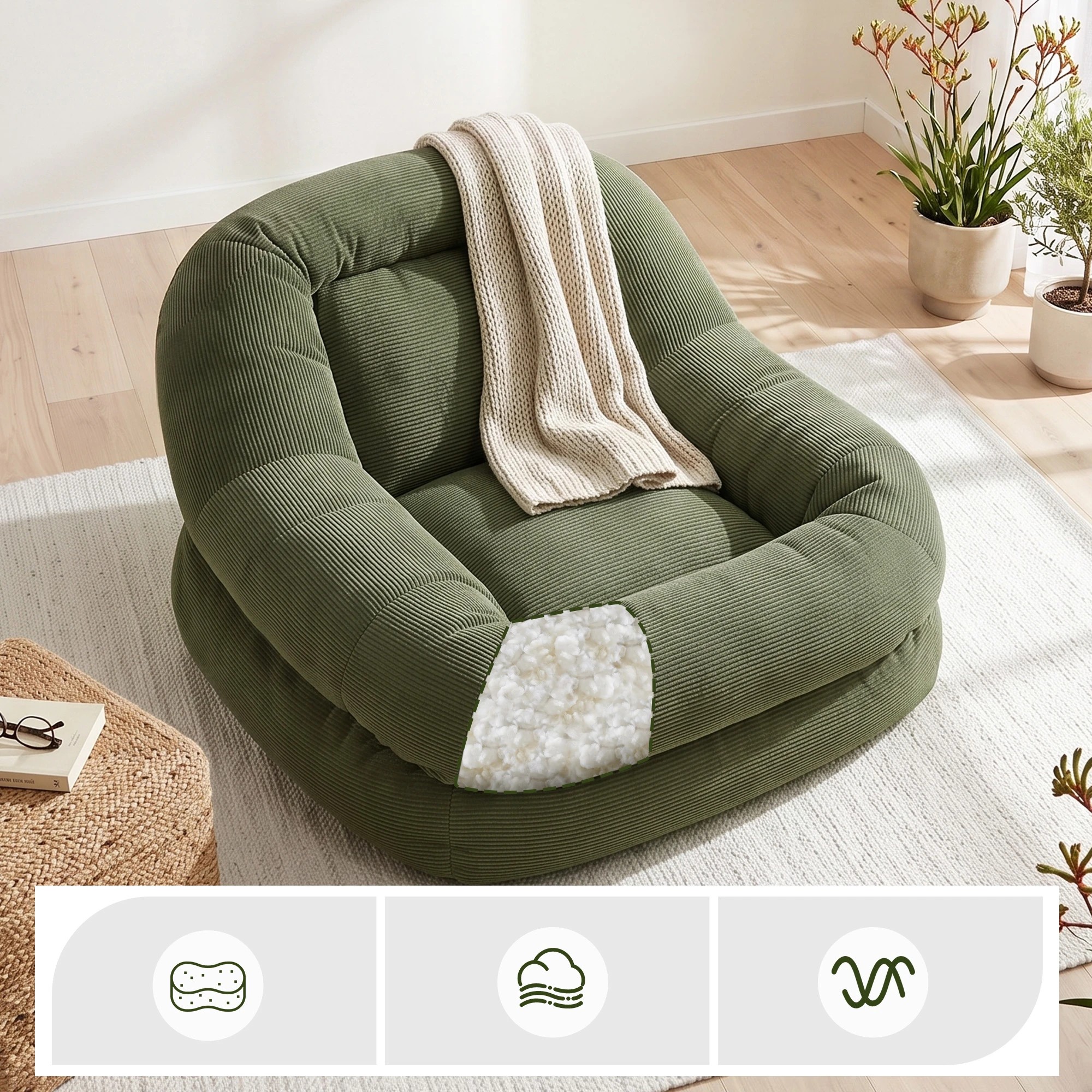 7 Artiss Armchair Floor Lounge Lazy Sofa, Compressed Corduroy Chaise Chair Green - Green, 7 of 8