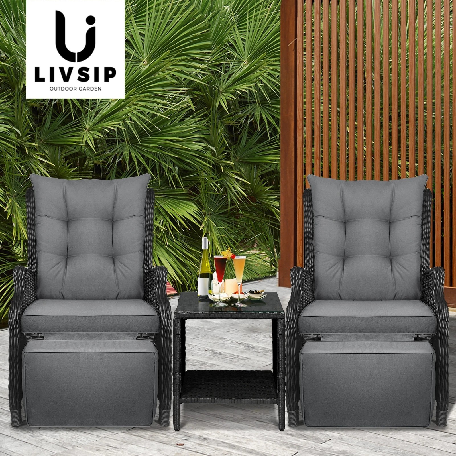 9 Livsip Sun Lounge Outdoor Recliner Chair &table Outdoor Furniture Patio Set Of 3
 - Black, 9 of 10