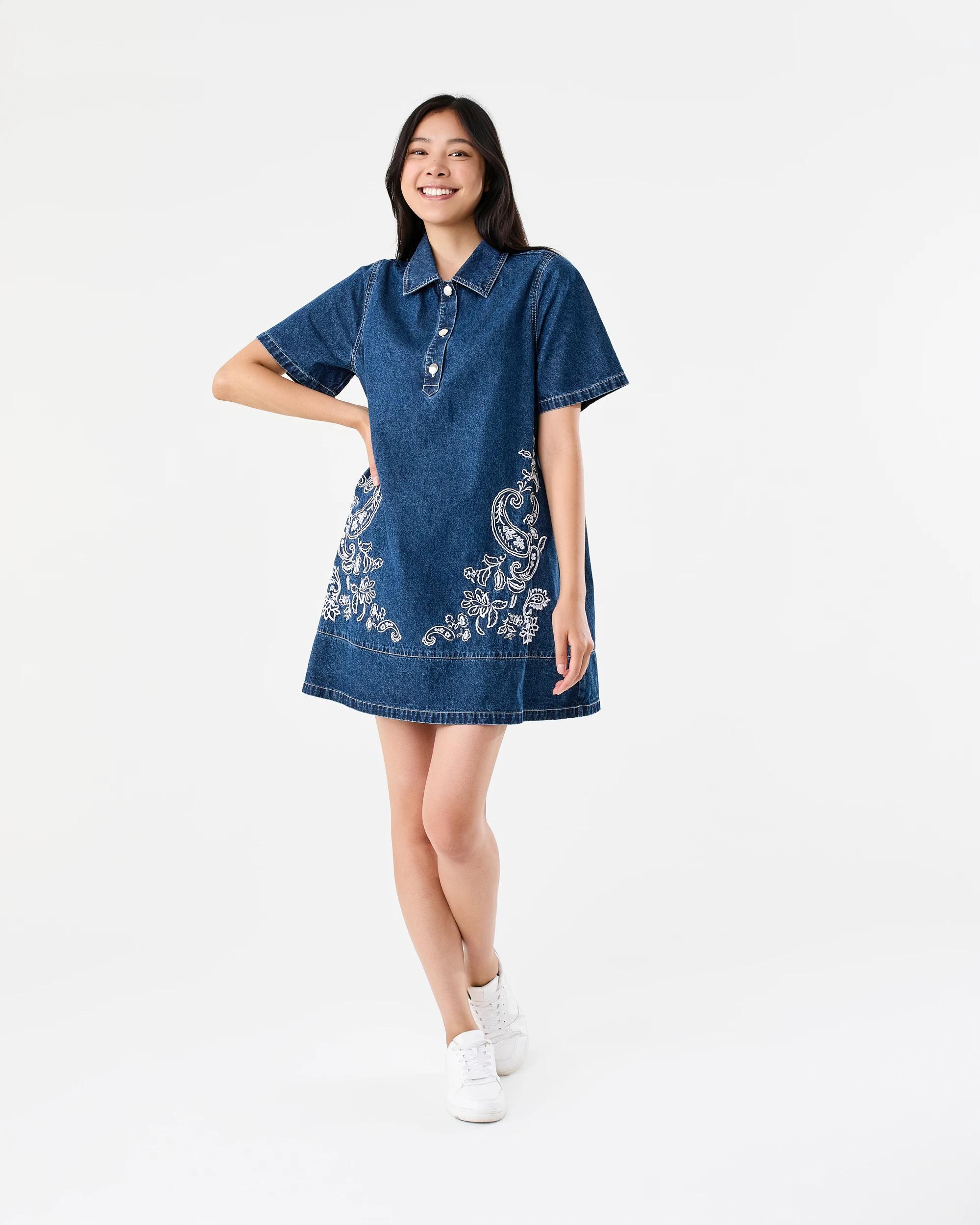 8 Short Sleeve Embroidered Denim Shirt Mini Dress Dark Wash, 8 of 8