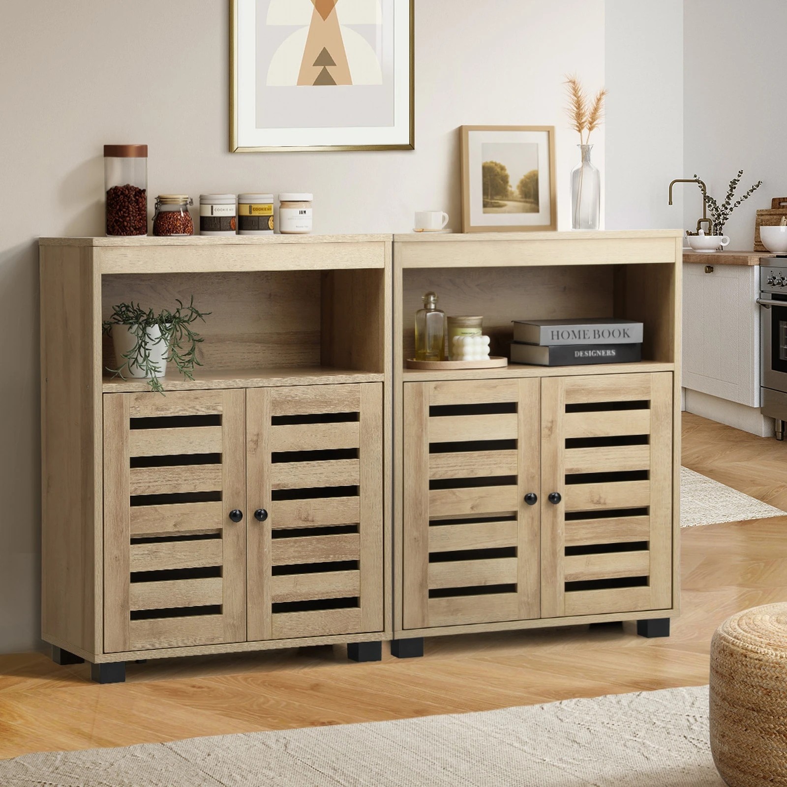 4 Oikiture 2x Buffet Sideboard Storage Cabinet - Natural, 4 of 9