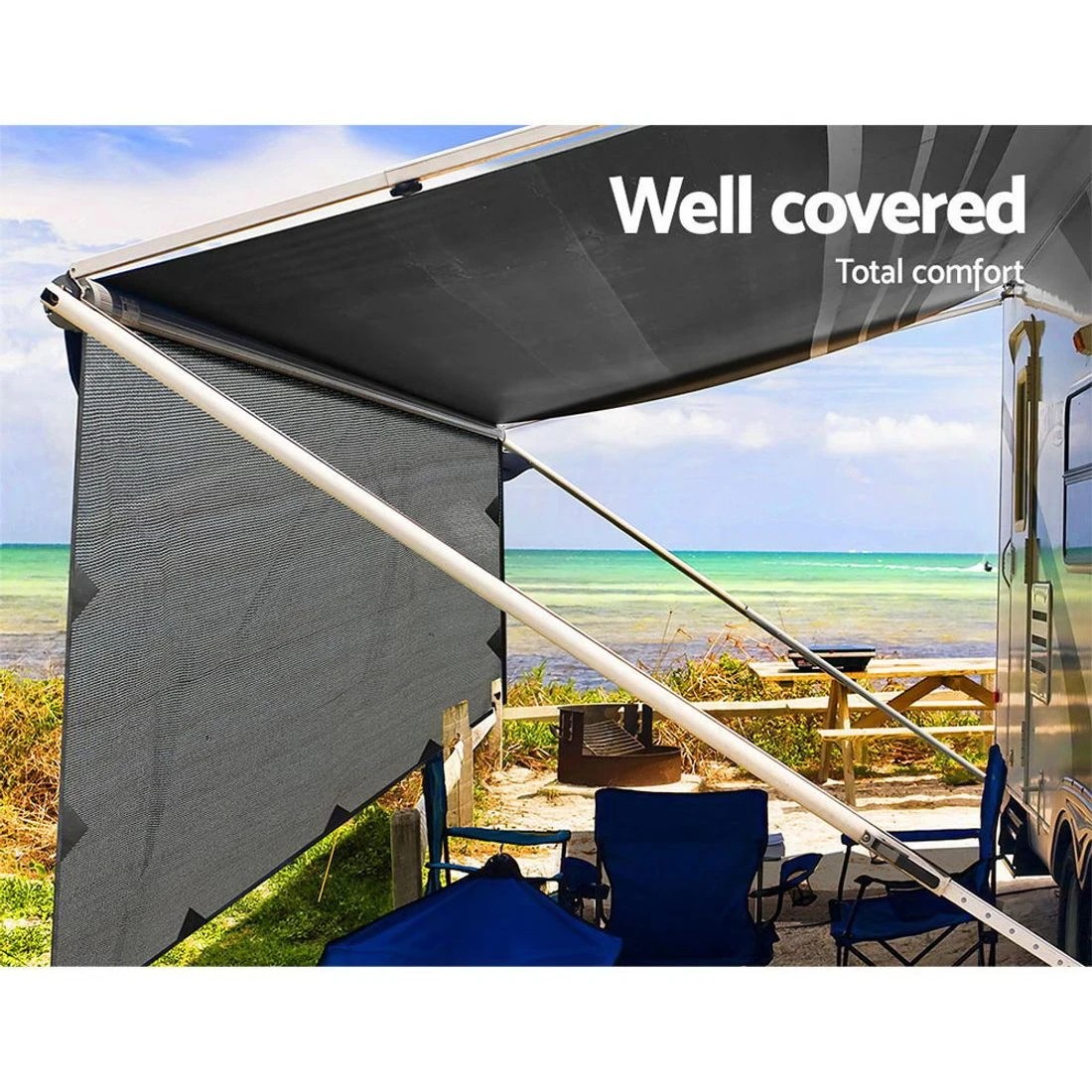 4 Caravan Privacy Screen Roll Out Awning 4.9x1.95M End Wall Side Sun Shade - Grey, 4 of 7