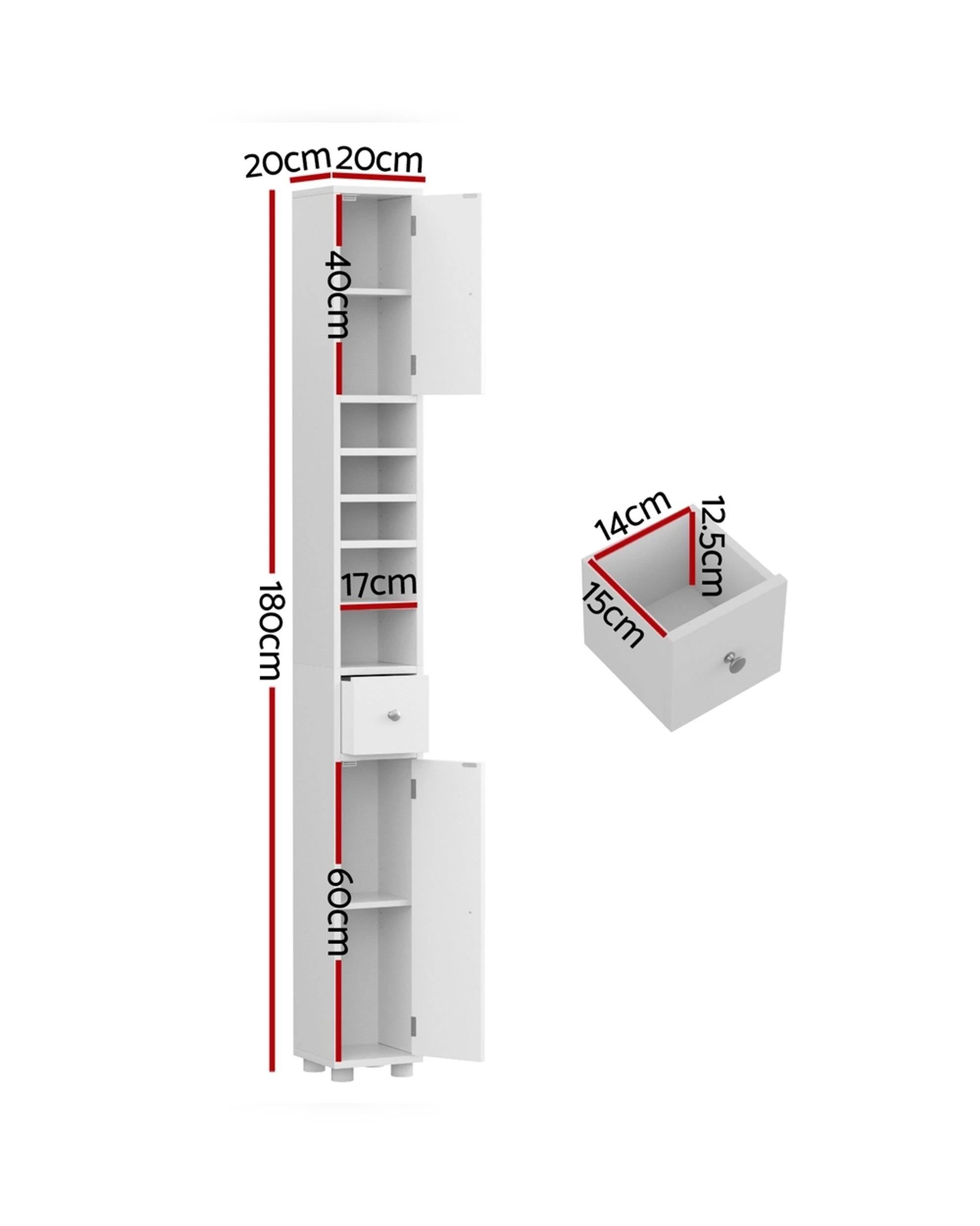 2 Artiss Tall Bathroom Storage Cabinet 180cm Slim Linen Tower Adjustable Shelves Durable Space Saving Organizer - white, 2 of 8