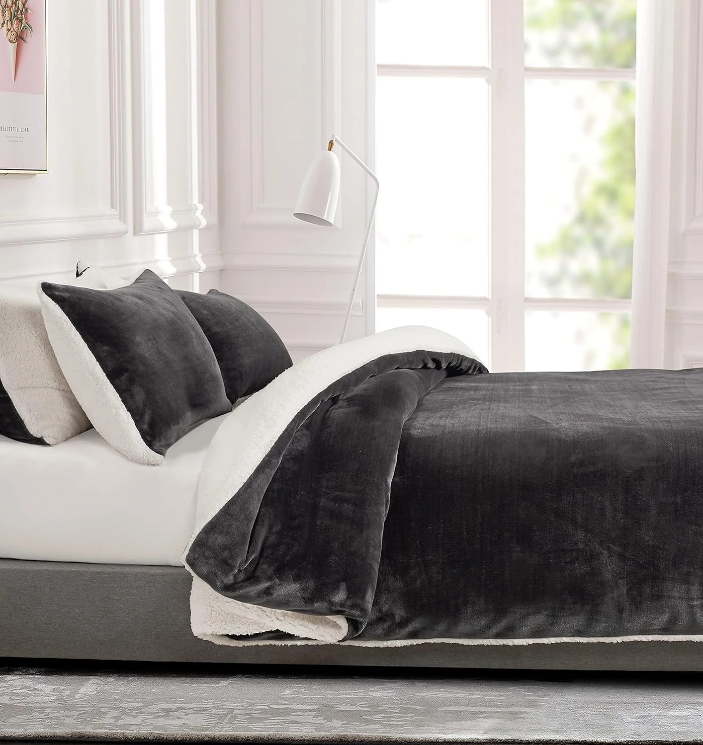 2 Gioia Casa 2-in-1 Teddy Sherpa Quilt Cover Set Warm Reversible - Double Bed - Charcoal, 2 of 8