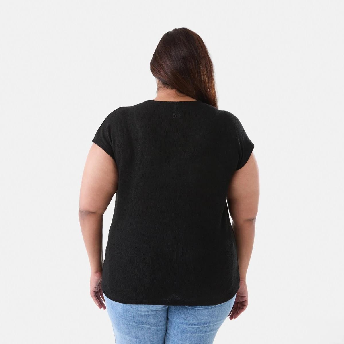 3 Curve Short Sleeve Textured Knit Top Black, 3 of 5